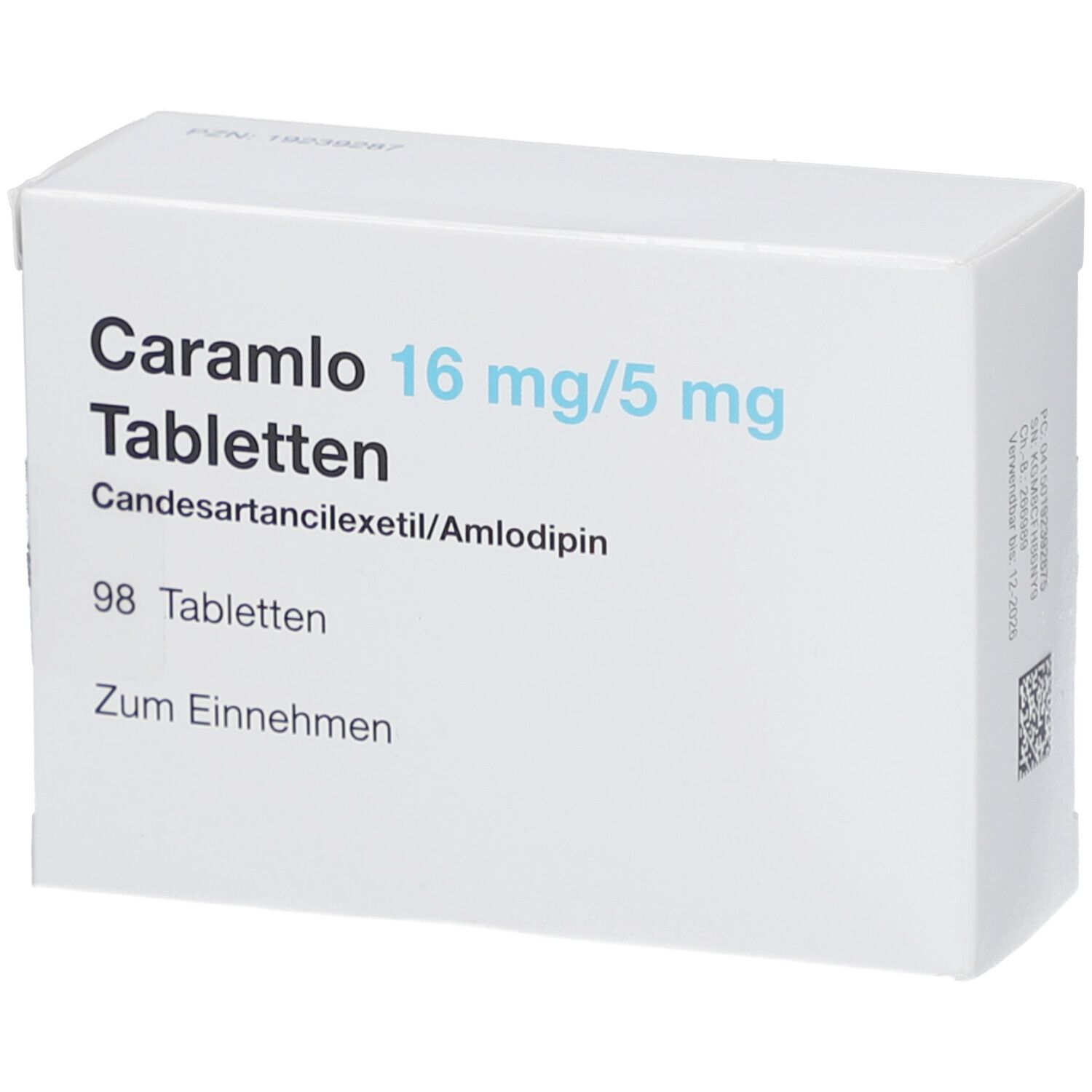 Weiße Tablettenbox mit Aufschrift: Caramlo 16 mg/5 mg Tabletten, 98 Tabletten. Enthält Candesartancilexetil/Amlodipin.