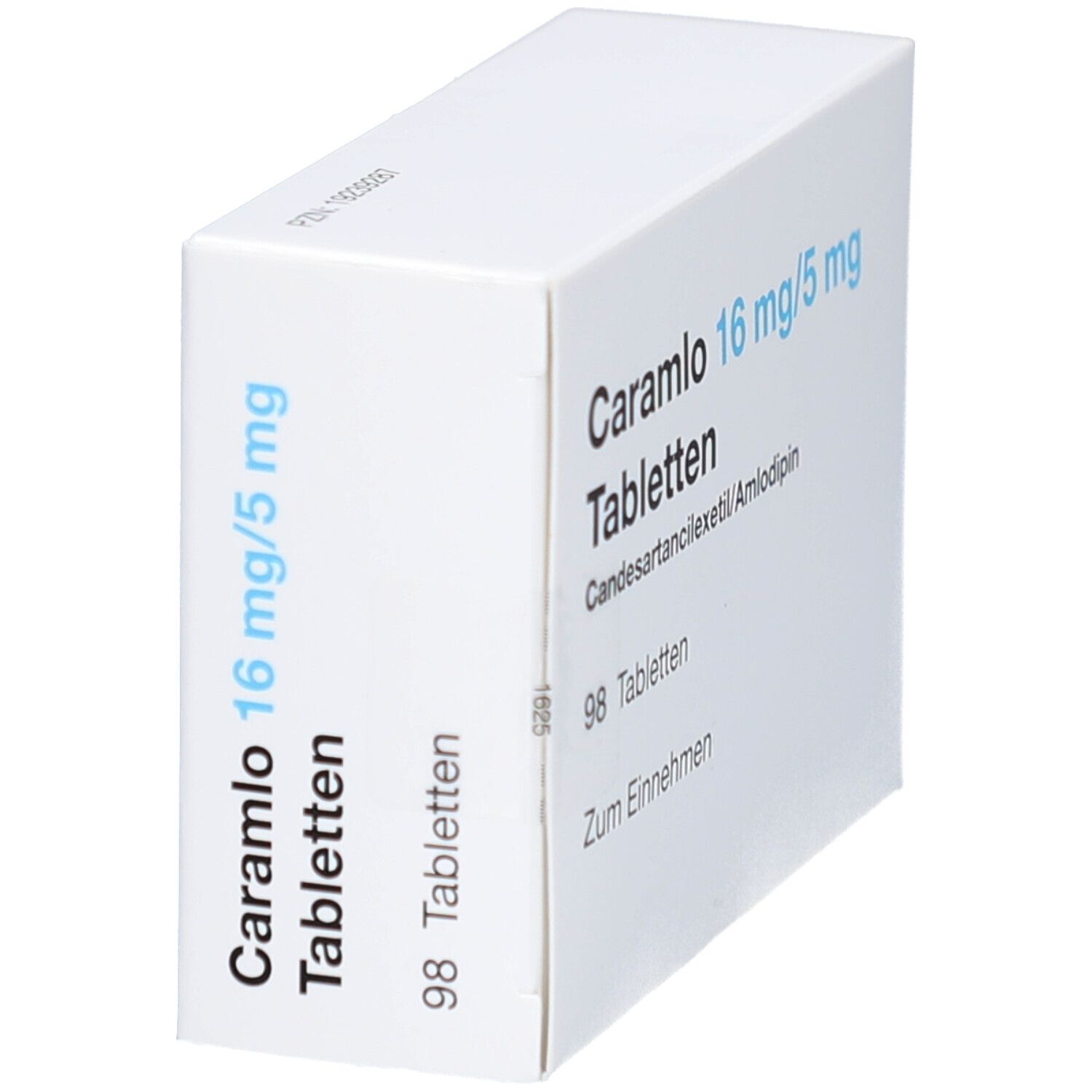 Weiße Tablettenbox, seitliche Ansicht. Aufschrift: Caramlo 16 mg/5 mg Tabletten, 98 Tabletten. Enthält Candesartancilexetil/Amlodipin.