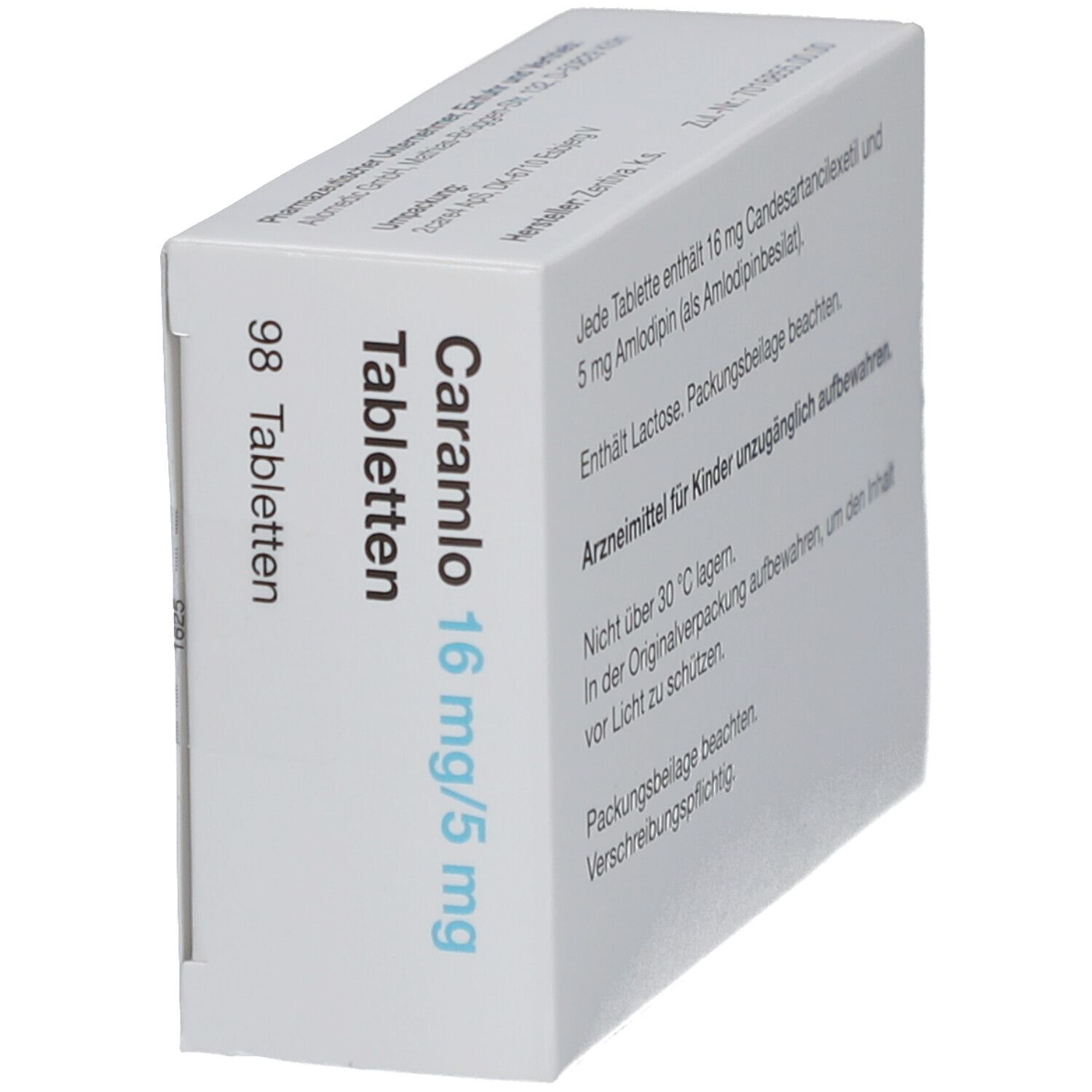 Weiße Tablettenbox, schräge Ansicht. Aufschrift: Caramlo 16 mg/5 mg Tabletten, 98 Tabletten. Enthält Candesartancilexetil/Amlodipin.