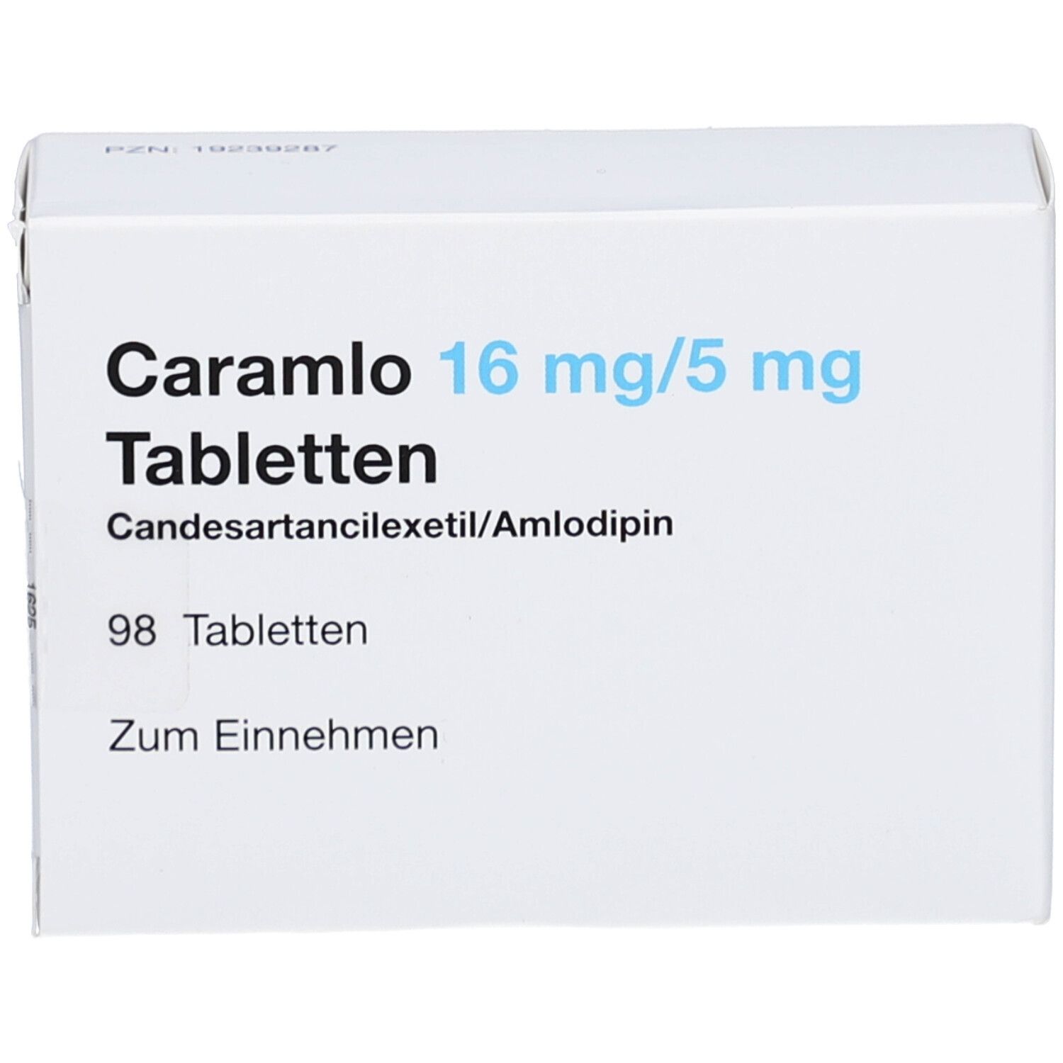 Weiße Tablettenbox mit Aufschrift: Caramlo 16 mg/5 mg Tabletten, 98 Tabletten. Enthält Candesartancilexetil/Amlodipin. Zum Einnehmen.