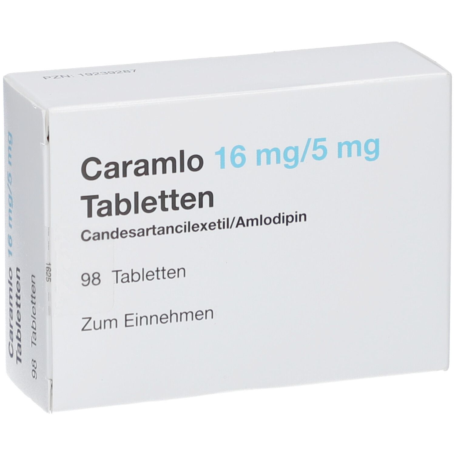 Weiße Tablettenbox mit Aufschrift: Caramlo 16 mg/5 mg Tabletten, 98 Tabletten. Enthält Candesartancilexetil/Amlodipin. Zum Einnehmen.
