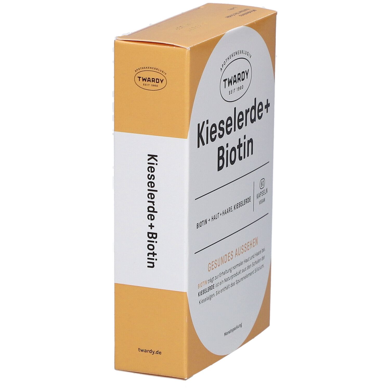 Karton mit Kapseln. Aufschrift: Kieselerde+Biotin. Marke: Twardy. Gelb-weiße Verpackung.