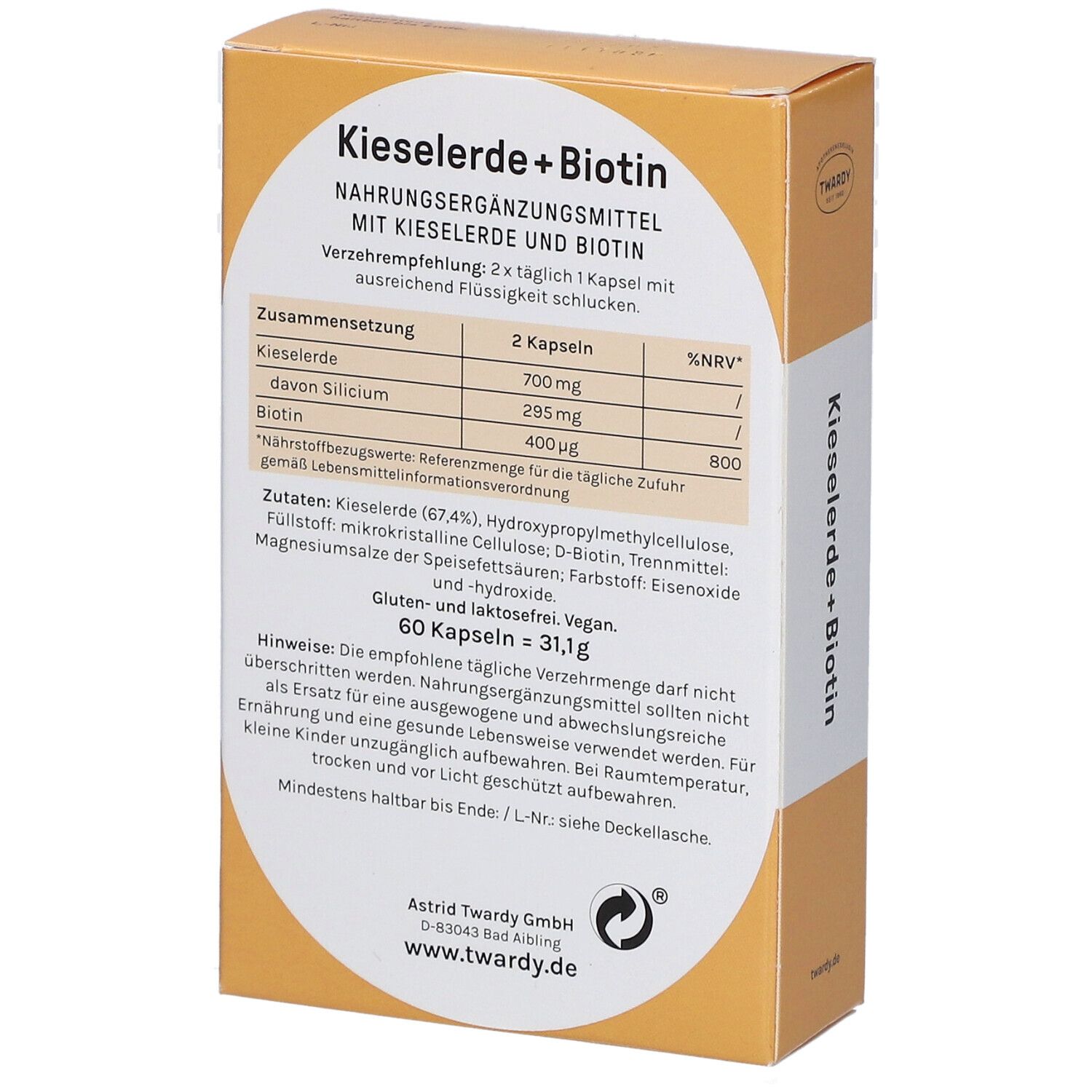 Rückseite der Kapselpackung. Angaben zu Inhaltsstoffen, Nährwerten und Verzehrempfehlung. Marke: Twardy.