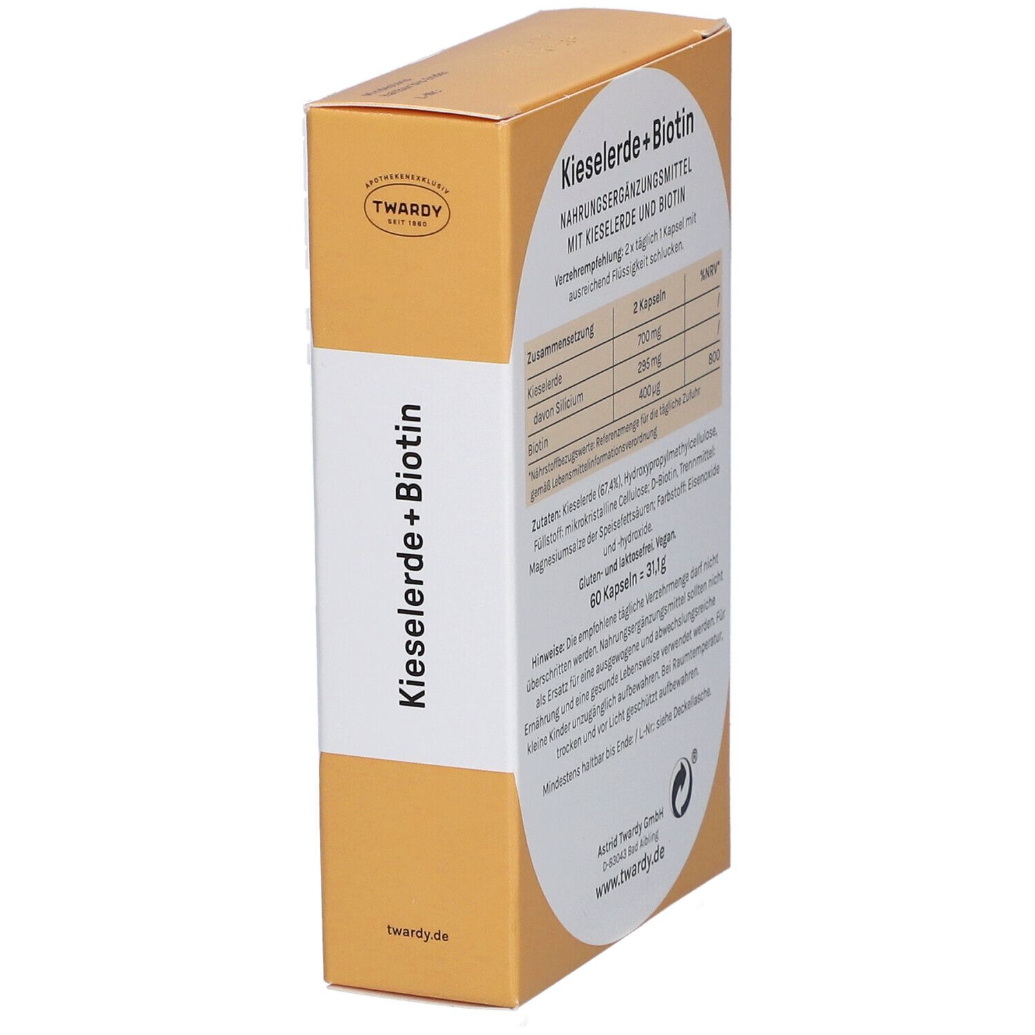 Kapselpackung. Aufschrift: Kieselerde+Biotin. Angaben zu Inhaltsstoffen und Nährwerten. Marke: Twardy.