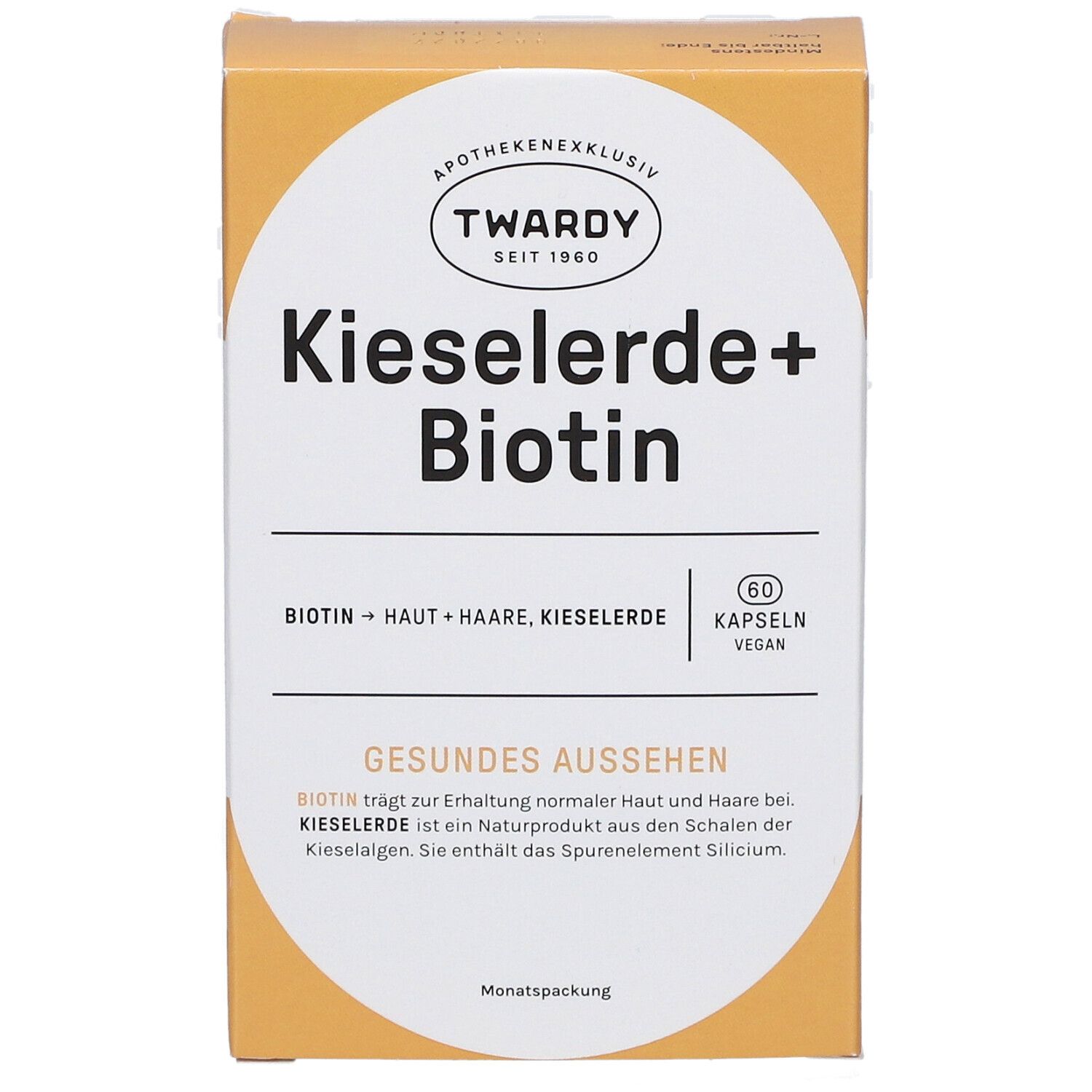Karton mit Kapseln. Aufschrift: Kieselerde+Biotin, 60 Kapseln, vegan. Marke: Twardy.