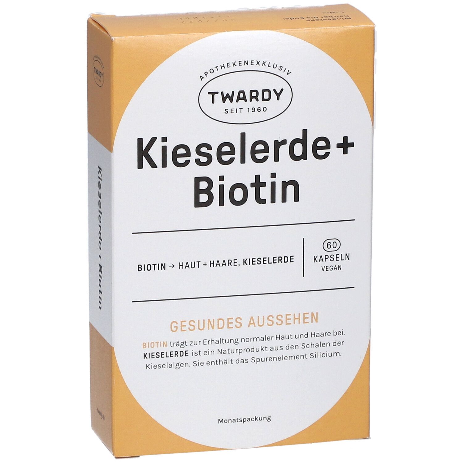 Karton mit Kapseln. Aufschrift: Kieselerde+Biotin, 60 Kapseln, vegan. Marke: Twardy.