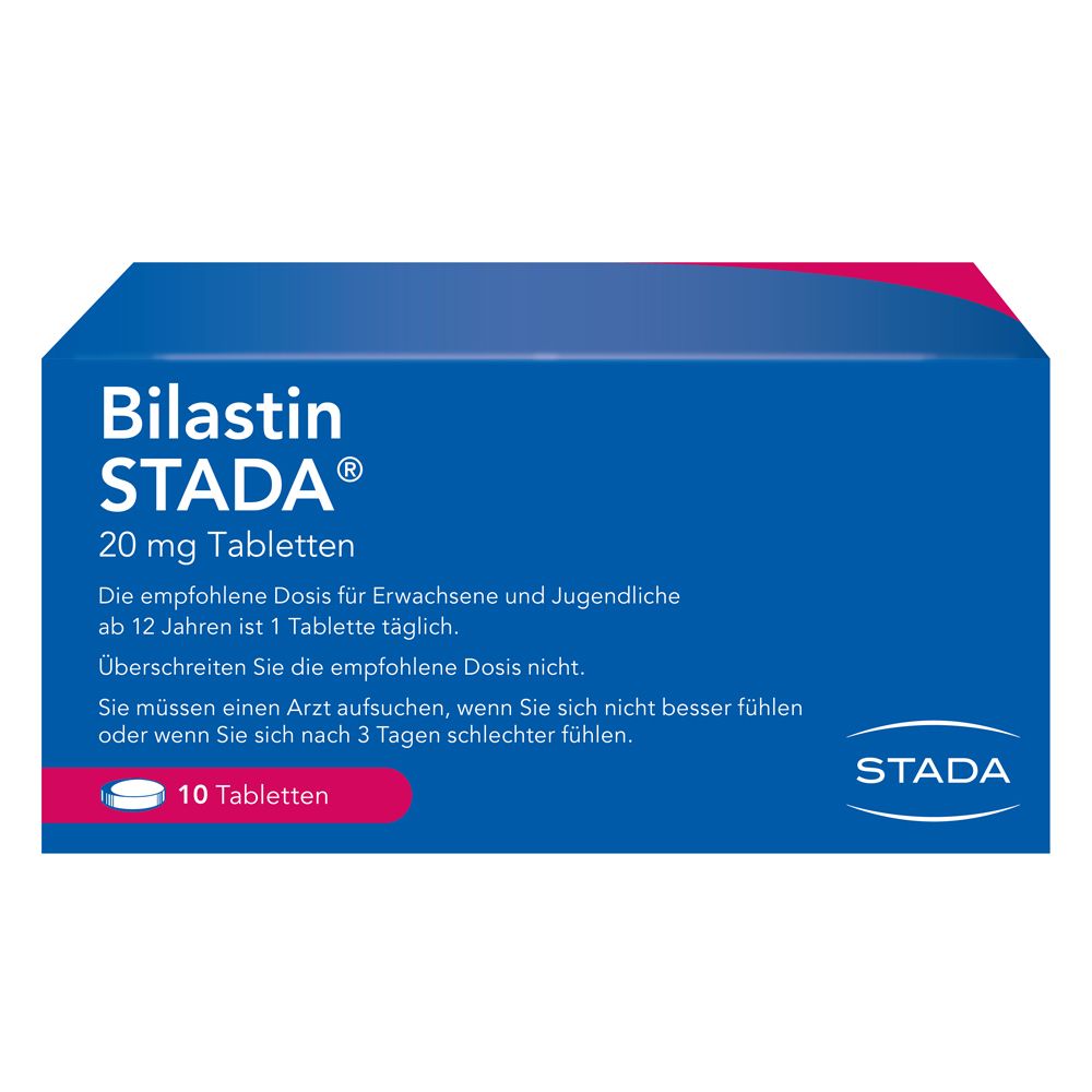 Blaue Schachtel Bilastin STADA® 20 mg Tabletten. Text: Dosierung, 1 Tablette täglich.