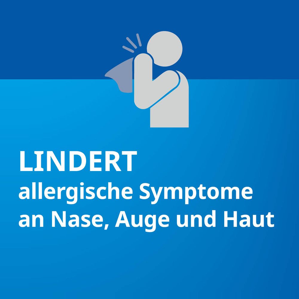 Symbol einer Person, die sich die Nase hält. Blauer Hintergrund mit Text: Lindert allergische Symptome an Nase, Auge und Haut.