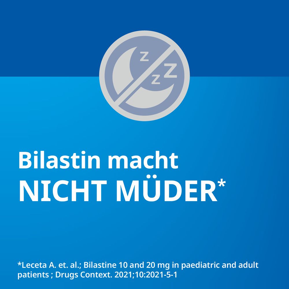 Symbol: Mond und ZZZ. Blauer Hintergrund mit Text: Bilastin macht nicht müder.
