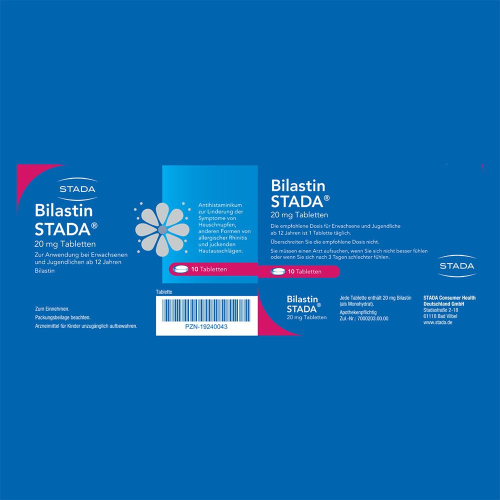 Verpackung von Bilastin STADA® 20 mg Tabletten. Vorder- und Rückseite der Schachtel.