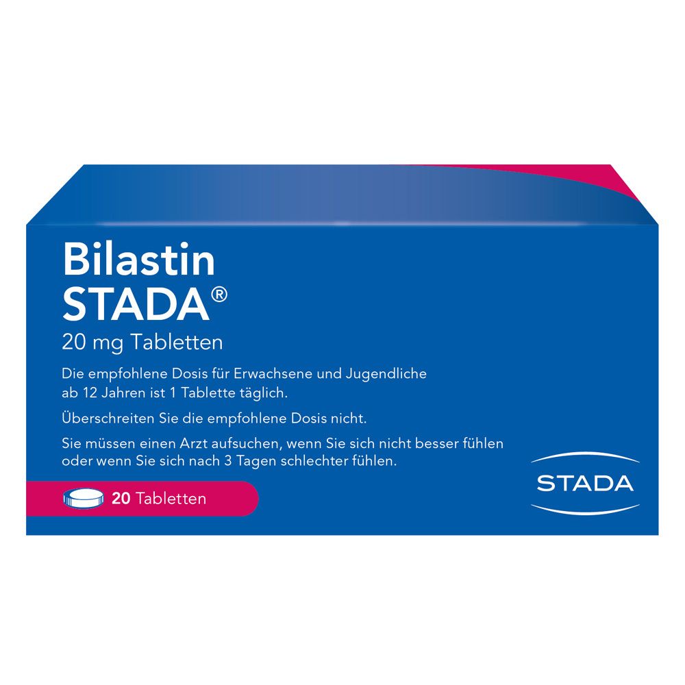 Blisterpackung Bilastin STADA® 20 mg Tabletten. Blaue Schachtel mit Produktnamen und Dosierung. 20 Tabletten.