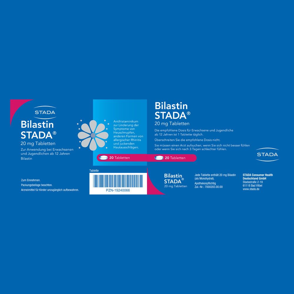 Produktverpackung Bilastin STADA® 20 mg Tabletten. Beschriftung und Packungsinformationen.