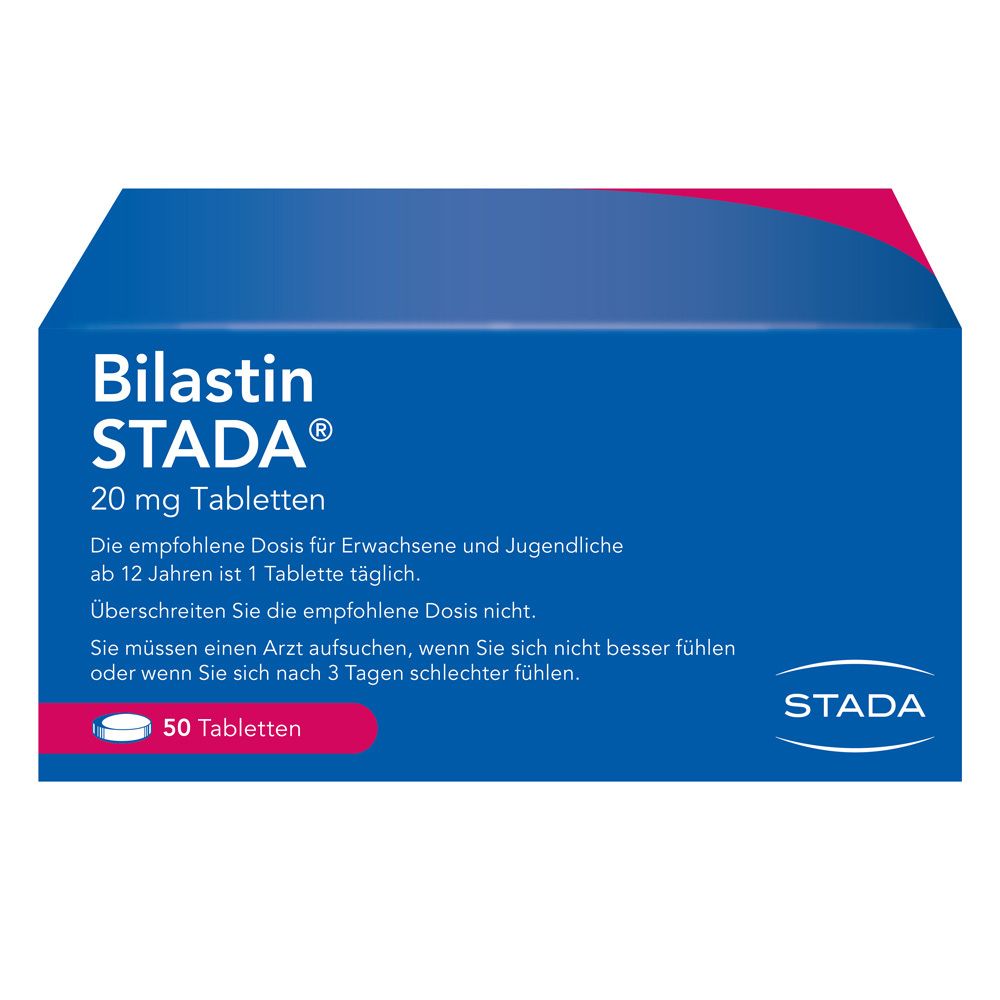 Blisterpackung Bilastin STADA® 20 mg Tabletten. Blaue Schachtel mit Text und 50 Tabletten.