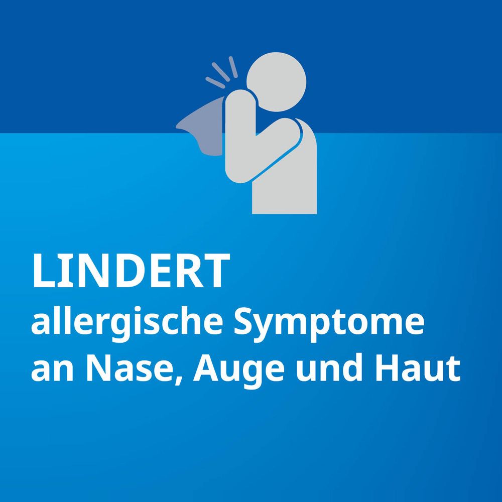 Symbol einer Person, die sich die Nase putzt. Text: Lindert allergische Symptome an Nase, Auge und Haut.