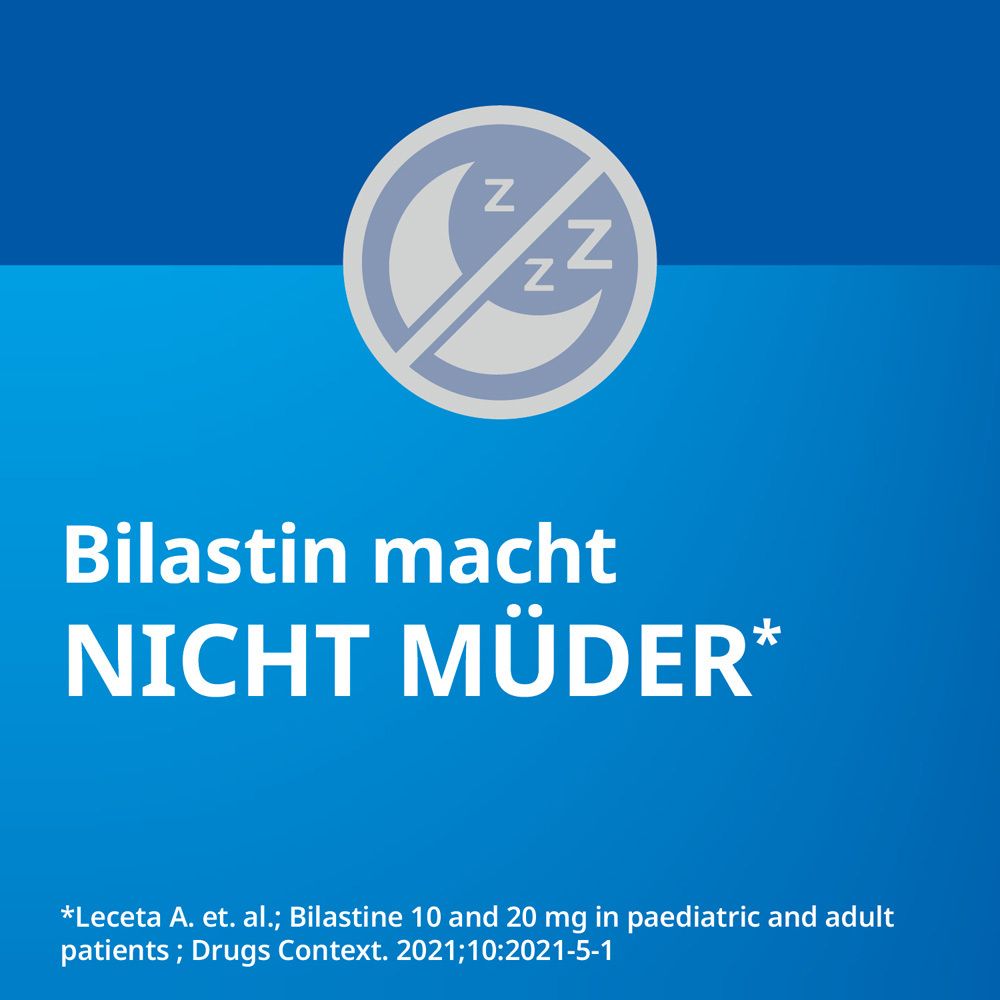 Symbol: Mond mit ZZZ. Text: Bilastin macht NICHT MÜDER.