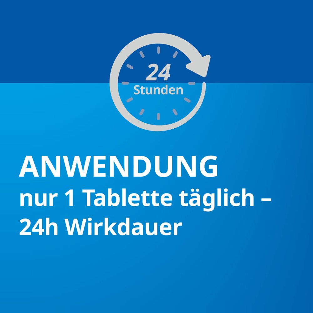 Symbol: Uhr mit Pfeil. Text: Anwendung nur 1 Tablette täglich - 24h Wirkdauer.