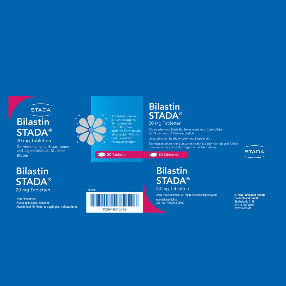 Mehrere Ansichten der Bilastin STADA® 20 mg Tabletten Verpackung. Text und Logo.
