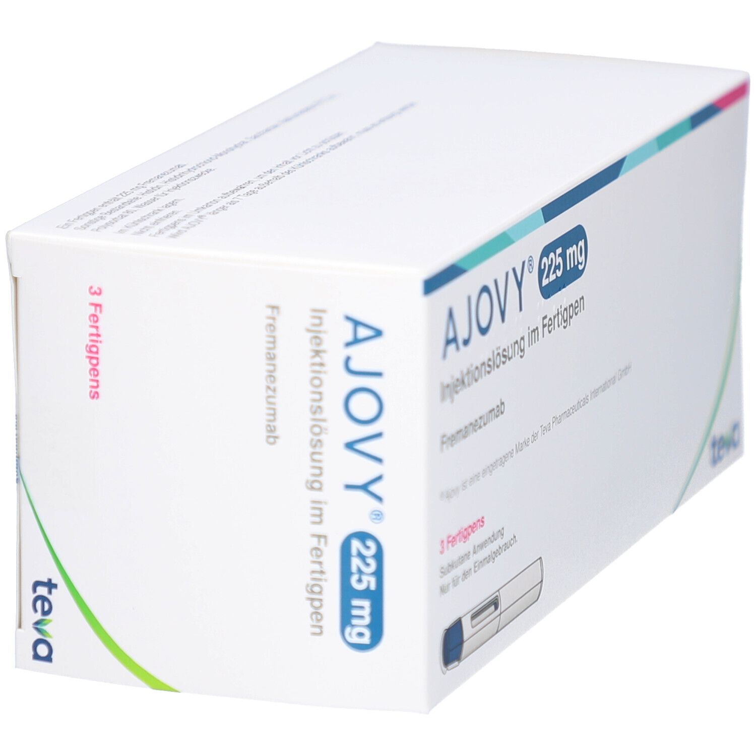 Schräg gestellte weiße Verpackung mit AJOVY 225 mg Injektionslösung im Fertigpen. Teva-Logo.