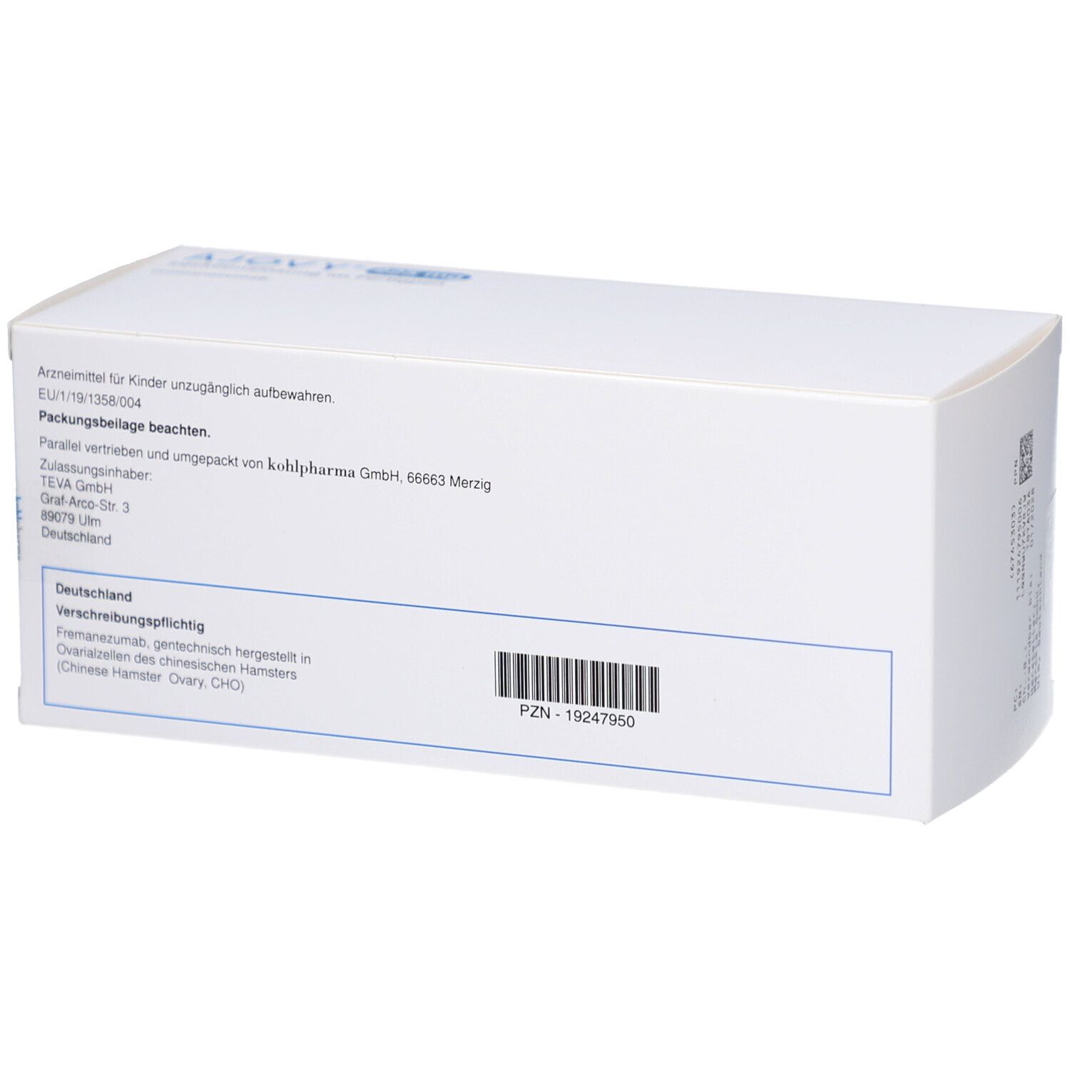 Rückseite der weißen Verpackung mit Informationen. Enthält PZN-Nummer und Herstellerinformationen.