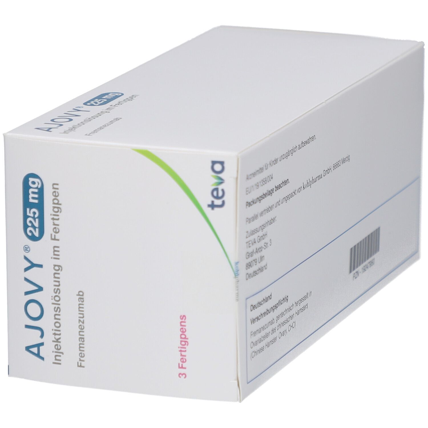 Weiße Verpackung mit AJOVY 225 mg Injektionslösung im Fertigpen. Enthält 3 Fertigpens. Teva-Logo.