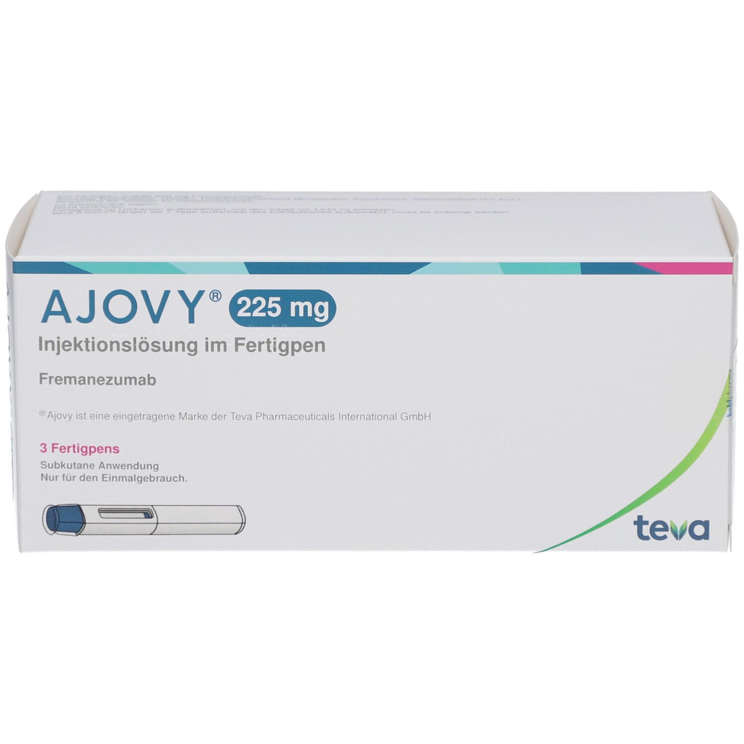 Weiße Verpackung mit AJOVY 225 mg Injektionslösung im Fertigpen. Enthält 3 Fertigpens. Teva-Logo.
