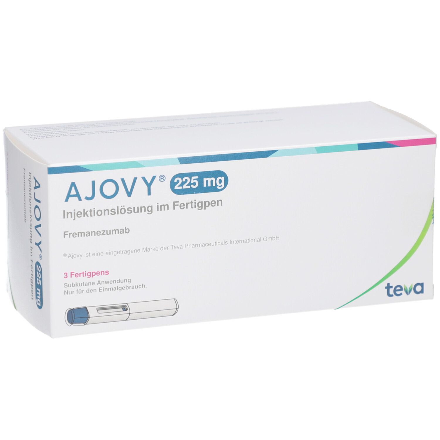 Weiße Verpackung mit AJOVY 225 mg Injektionslösung im Fertigpen. Enthält 3 Fertigpens. Teva-Logo.