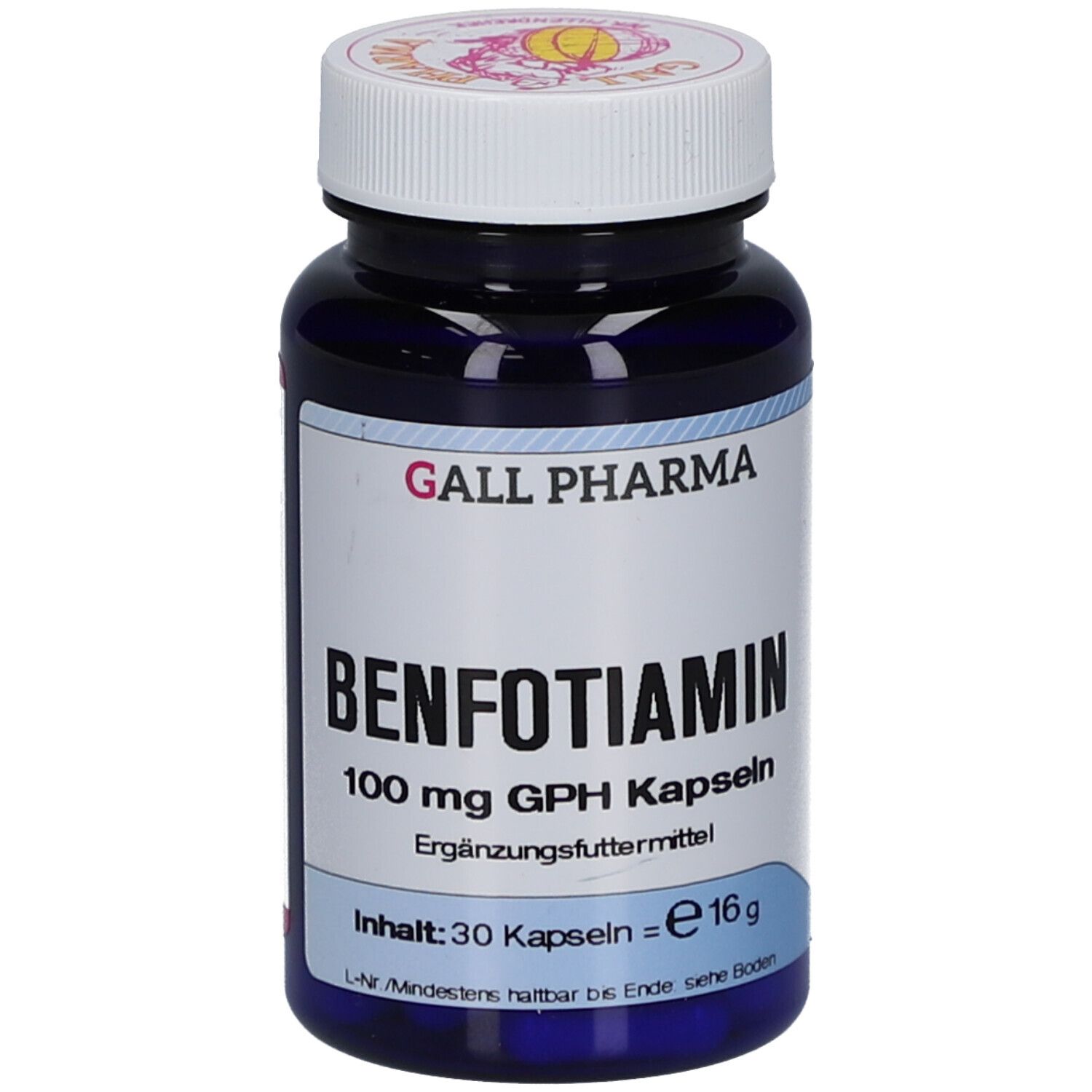 Blaue Flasche mit weißen Deckel. Aufschrift: Benfotiamin 100 mg GPH Kapseln. 30 Kapseln.