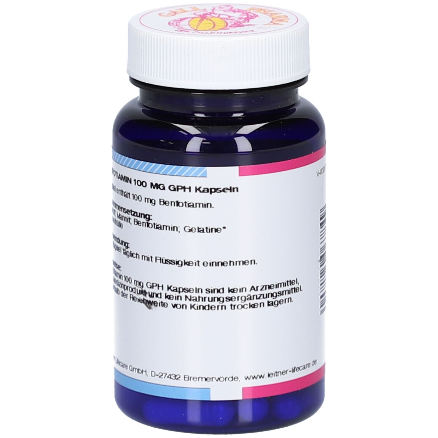 Blaue Flasche mit weißem Deckel. Text: Benfotiamin 100 mg GPH Kapseln. Inhaltsstoffe und Anwendungshinweise.