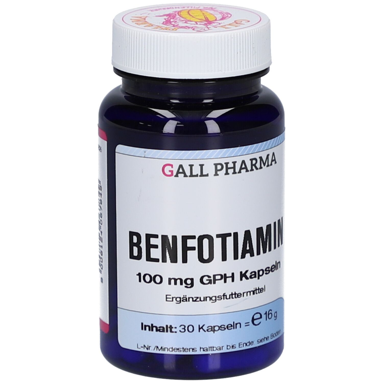 Blaue Flasche mit weißem Deckel. Aufschrift: Benfotiamin 100 mg GPH Kapseln. 30 Kapseln.