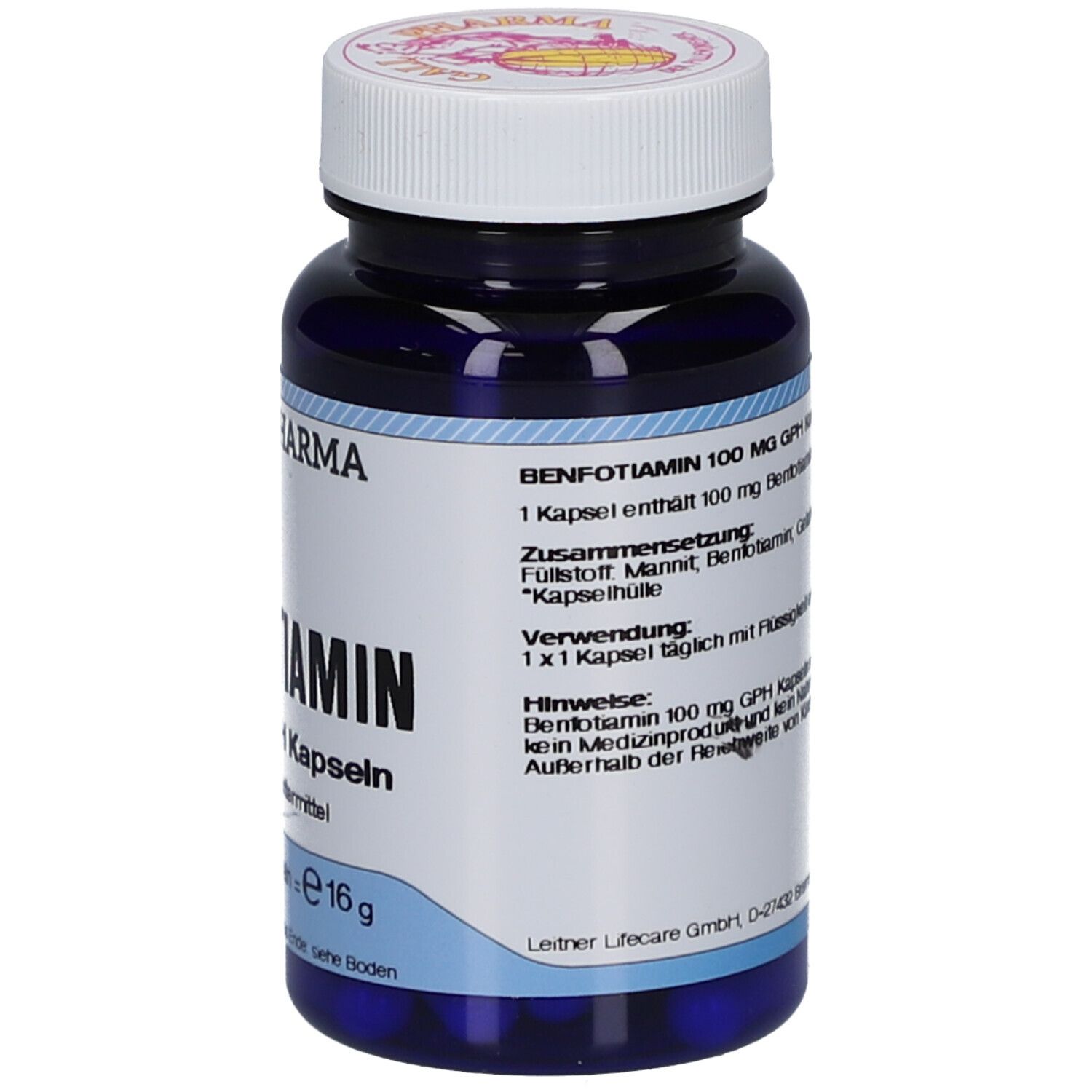 Blaue Flasche mit weißem Deckel. Text: Benfotiamin 100 mg GPH Kapseln. Inhaltsstoffe und Anwendungshinweise.