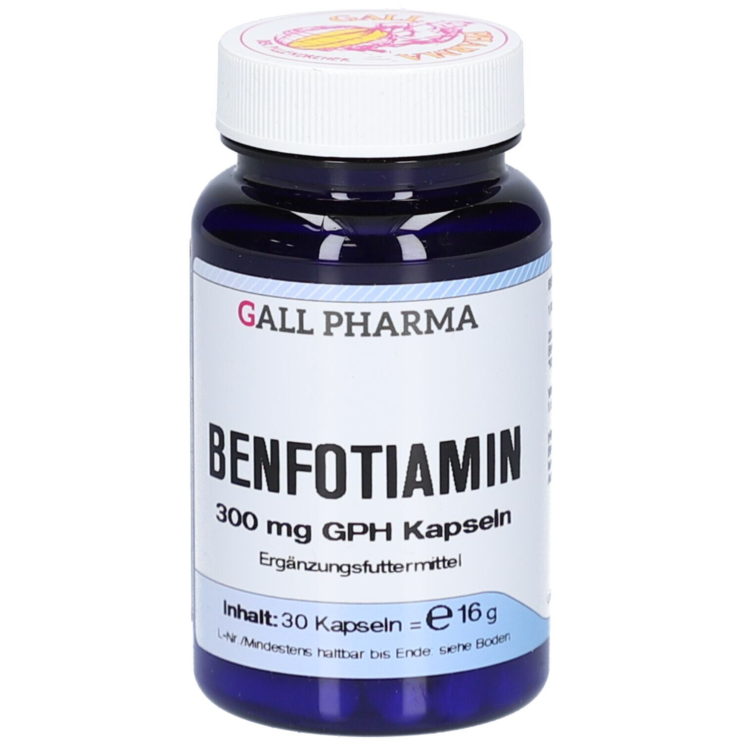 Blaue Flasche mit weißem Deckel. Aufschrift: Benfotiamin 300 mg GPH Kapseln. Inhalt: 30 Kapseln.