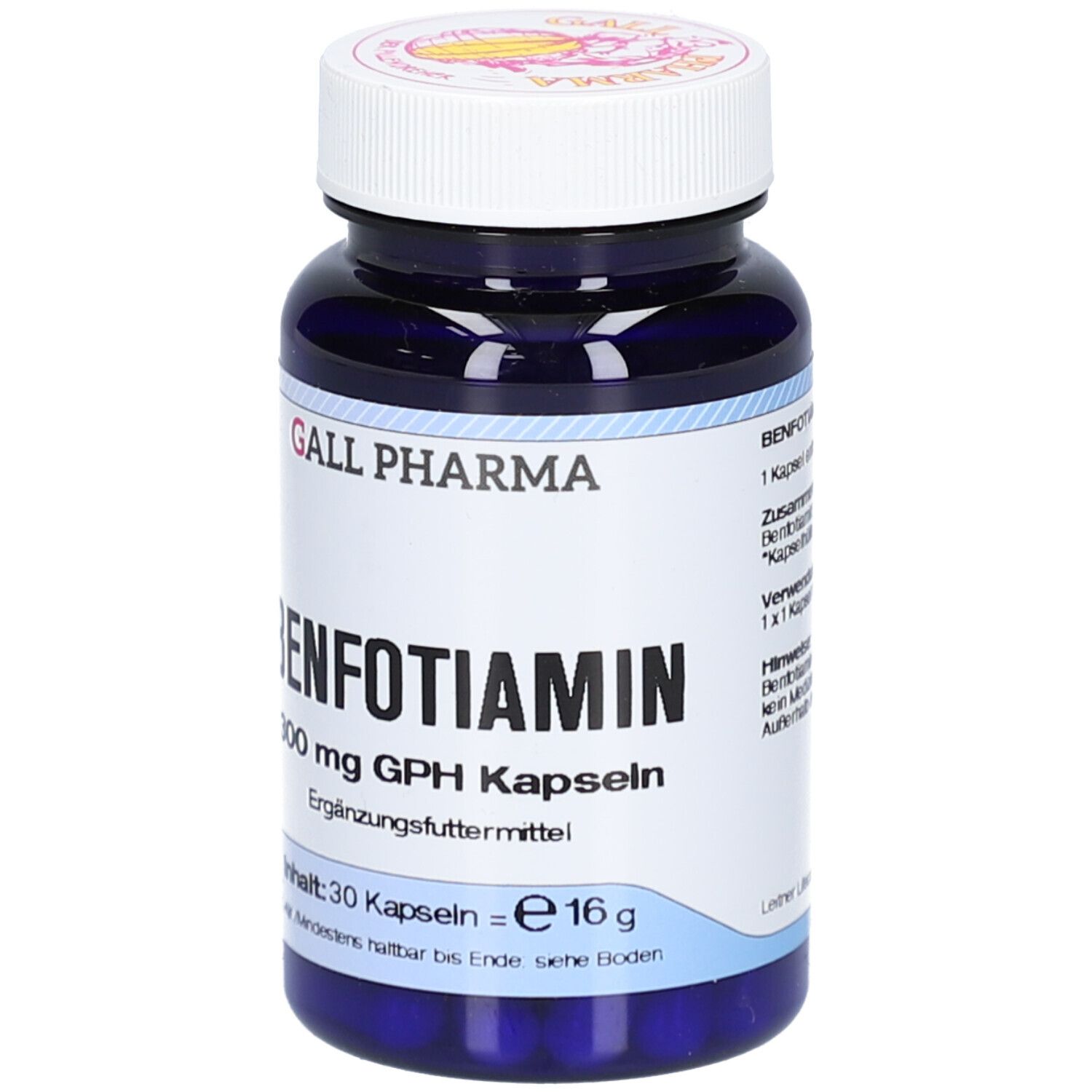 Blaue Flasche mit weißem Deckel. Aufschrift: Benfotiamin 300 mg GPH Kapseln. Inhalt: 30 Kapseln.