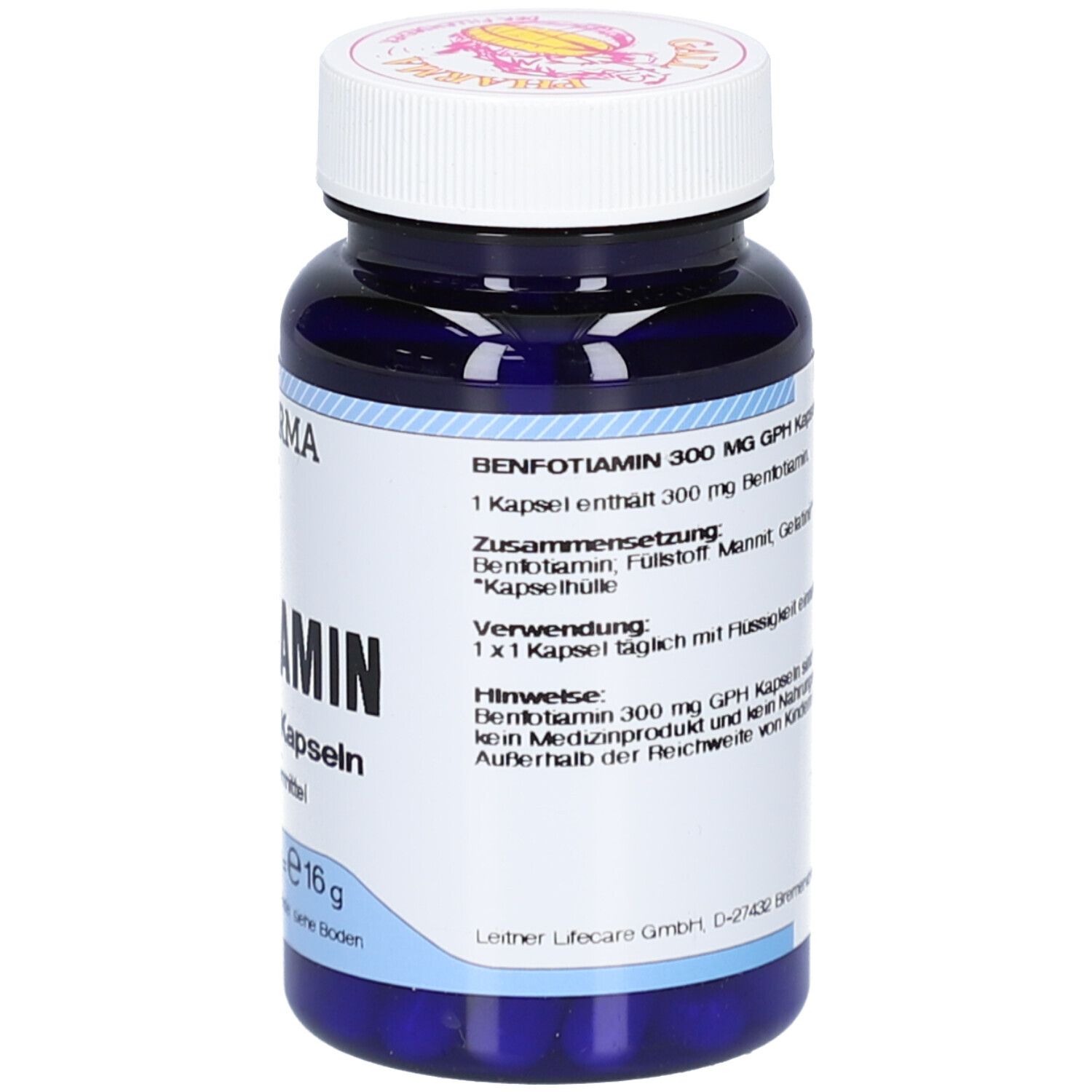 Blaue Flasche mit weißem Deckel. Aufschrift: Benfotiamin 300 mg GPH Kapseln. Zusammensetzung und Anwendung.