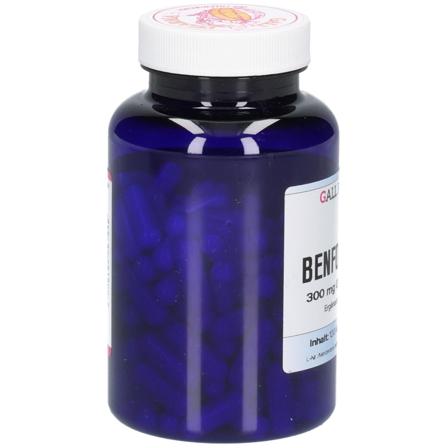 Blaue Flasche mit weißen Deckel. Sichtbar sind blaue Kapseln. Aufschrift: BENFOTIAMIN 300 mg GPH Kapseln.