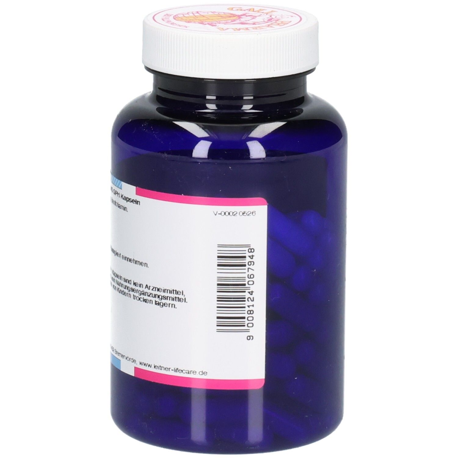 Blaue Flasche mit weißem Deckel. Rückseite mit Barcode und Text. Aufschrift: BENFOTIAMIN 300 mg GPH Kapseln.