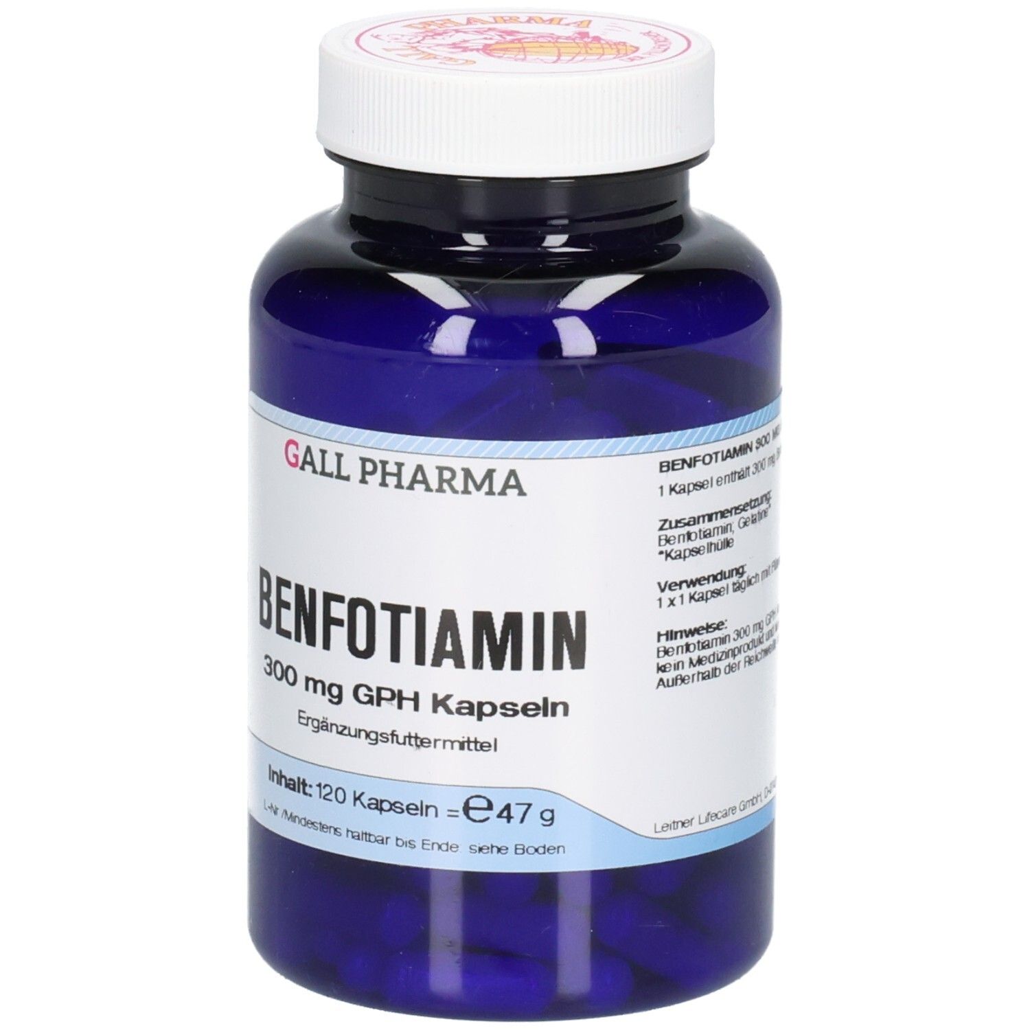 Blaue Flasche mit weißem Deckel. Aufschrift: BENFOTIAMIN 300 mg GPH Kapseln. Text auf weißem Etikett.