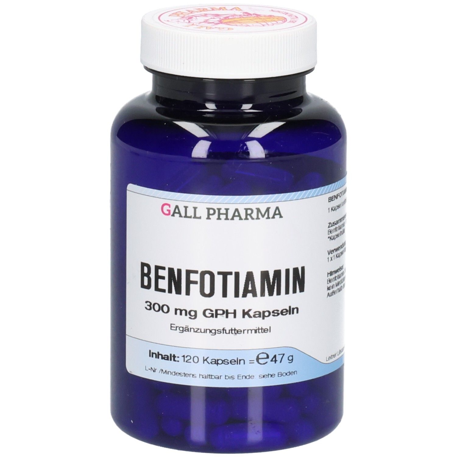 Blaue Flasche mit weißem Deckel. Aufschrift: BENFOTIAMIN 300 mg GPH Kapseln. Inhalt: 120 Kapseln.