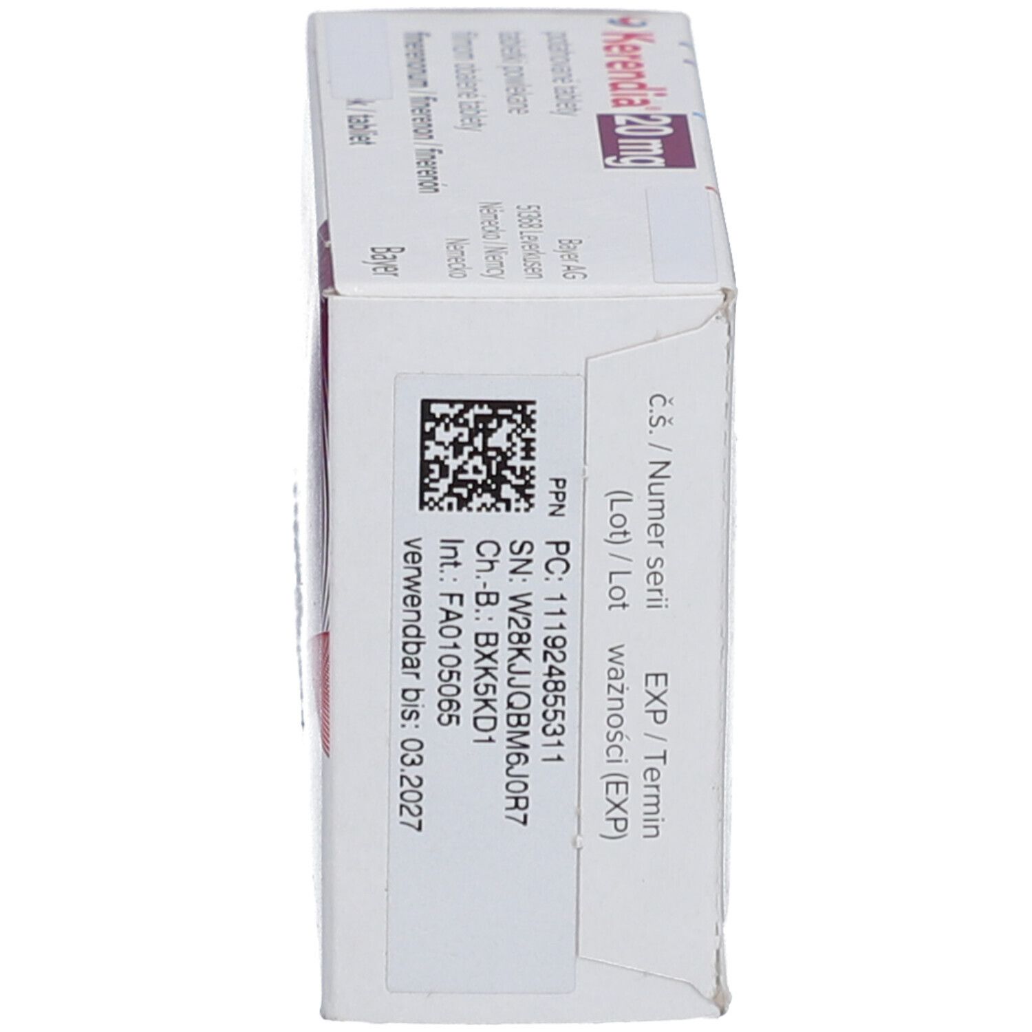 Packung Kerendia 20 mg Filmtabletten, Seitenansicht mit Verfallsdatum 03.2027.