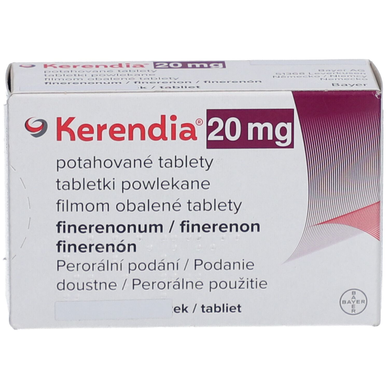 Packung Kerendia 20 mg Filmtabletten mit Finerenon, für orale Einnahme.
