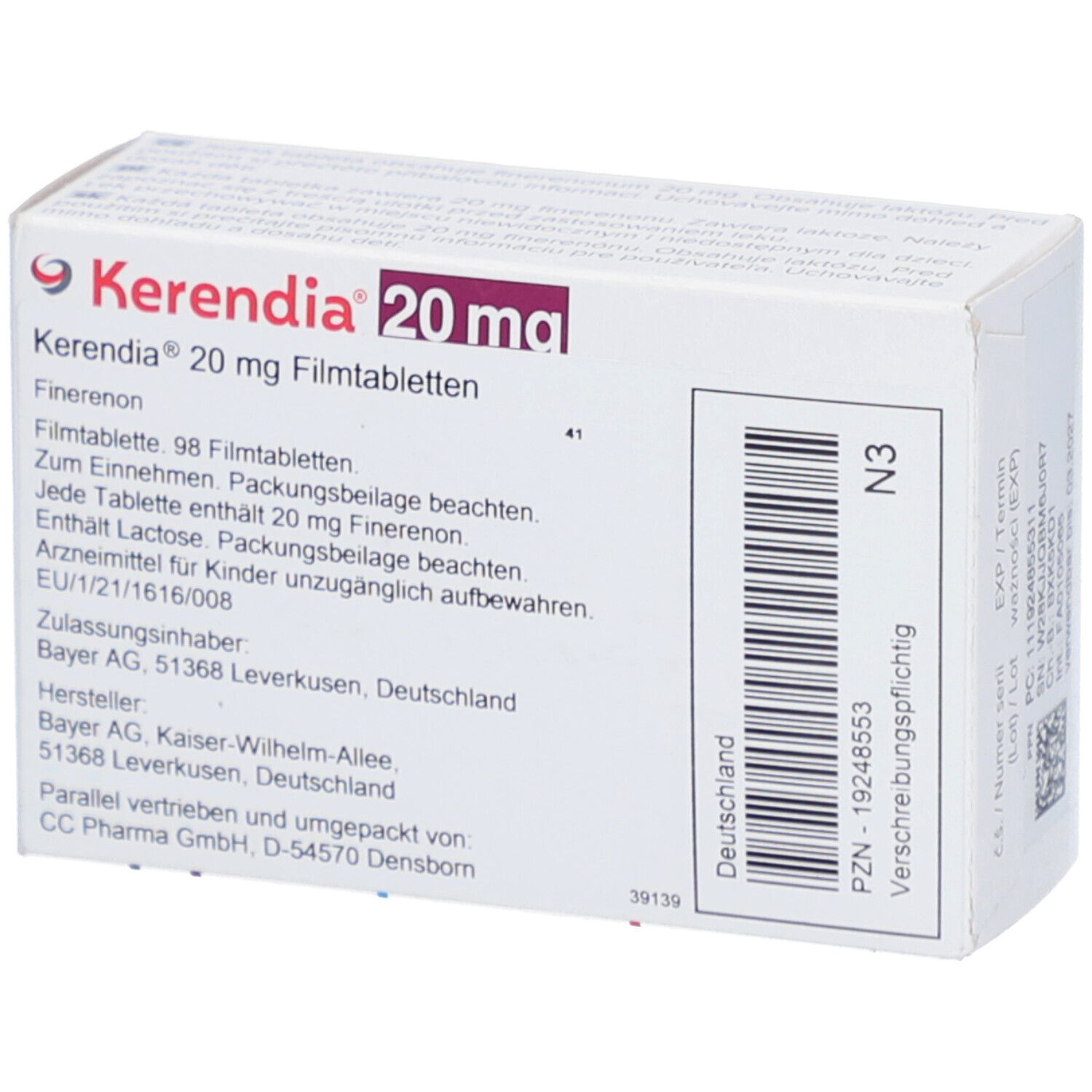 Packung Kerendia 20 mg Filmtabletten, 98 Stück, enthält 20 mg Finerenon pro Tablette.