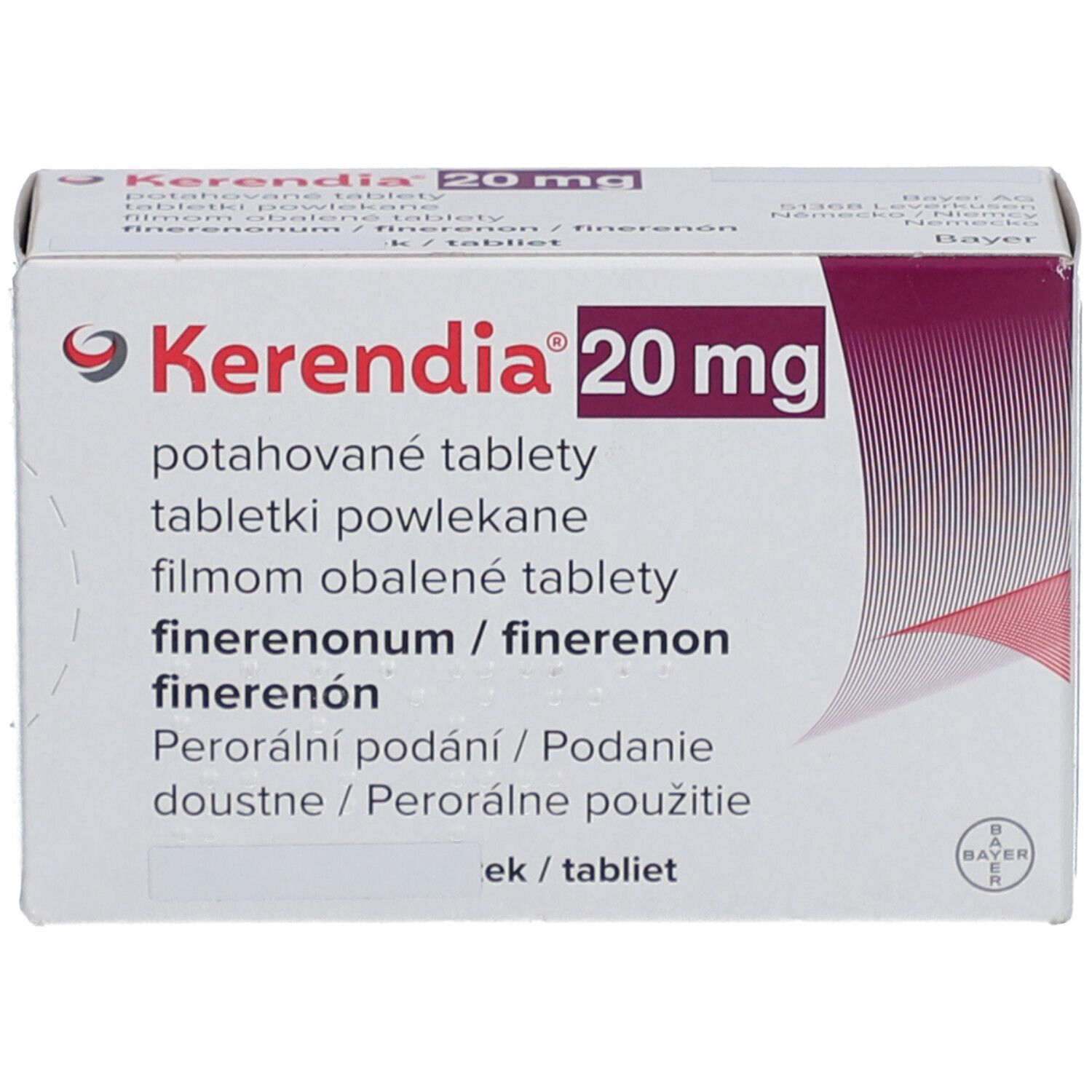 Packung Kerendia 20 mg Filmtabletten mit Finerenon, für orale Einnahme.