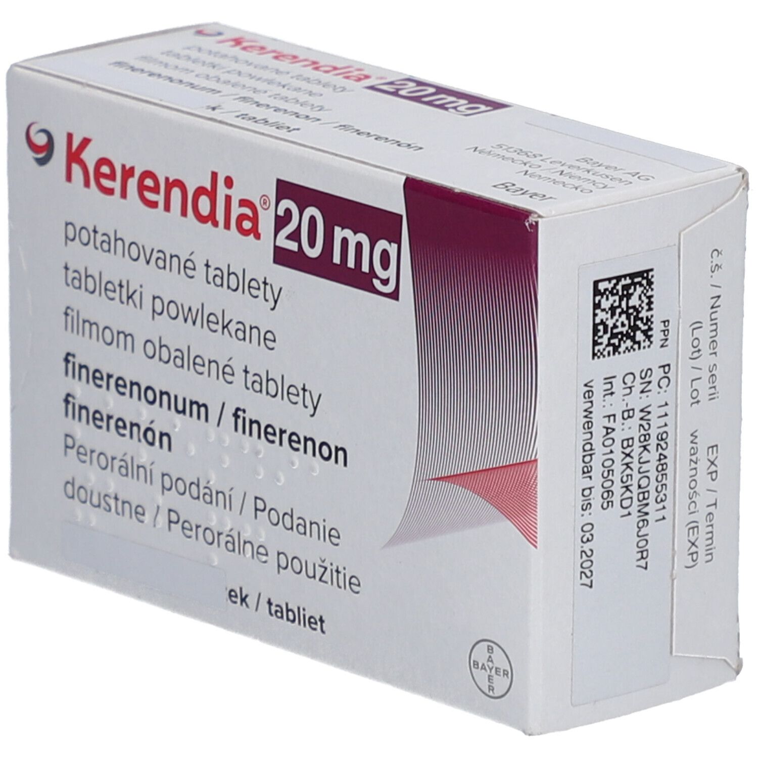 Packung Kerendia 20 mg Filmtabletten, Seitenansicht mit Verfallsdatum 03.2027.