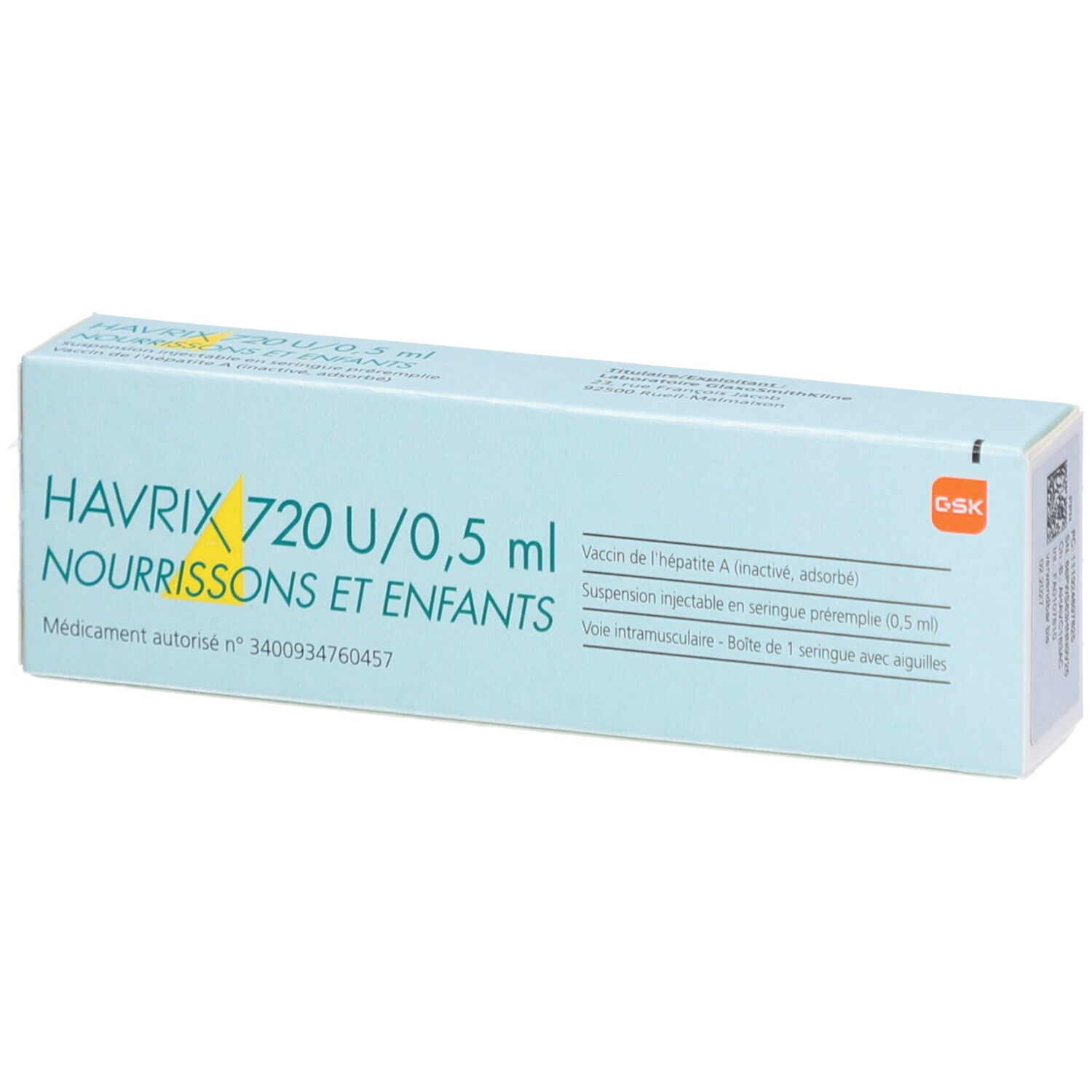 HAVRIX 720 U/0,5 ml, Impfstoff-Packung für Säuglinge und Kinder. Hellblaue Schachtel mit Text und Logo.
