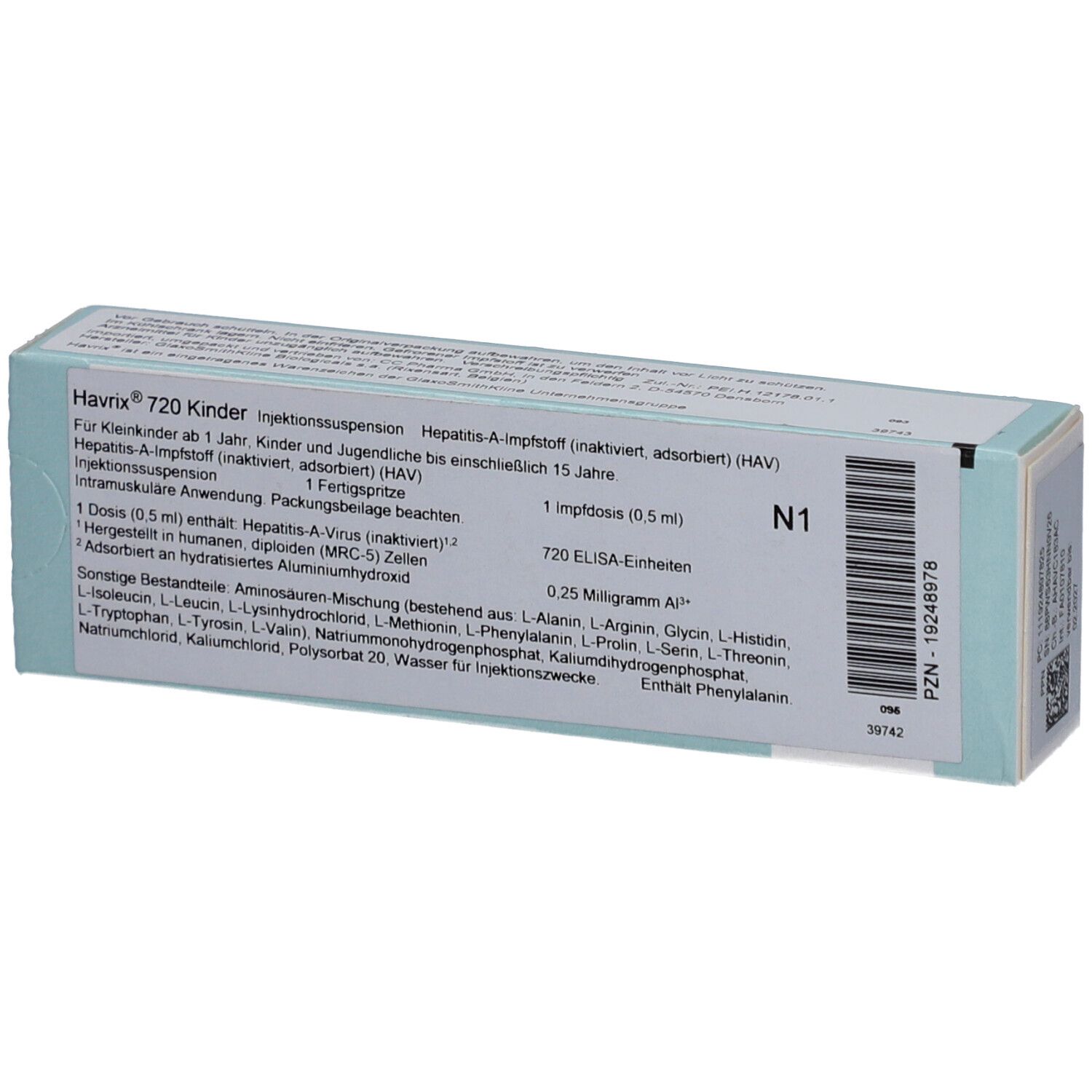 Rückseite der HAVRIX 720 Kinder Injektionssuspension Packung. Text in Deutsch, Inhaltsstoffe und Details.