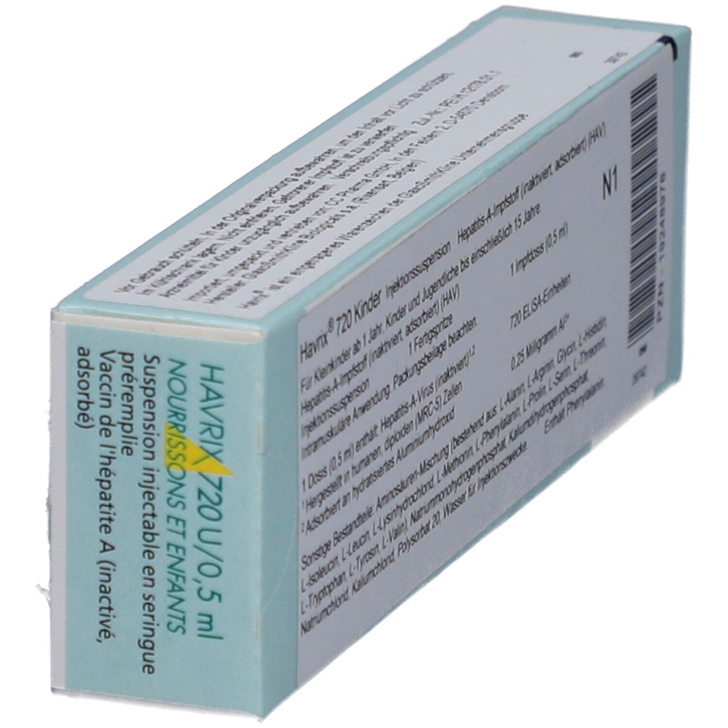 Schrägansicht der HAVRIX 720 Kinder Packung. Text in Deutsch, Details und Inhaltsstoffe.