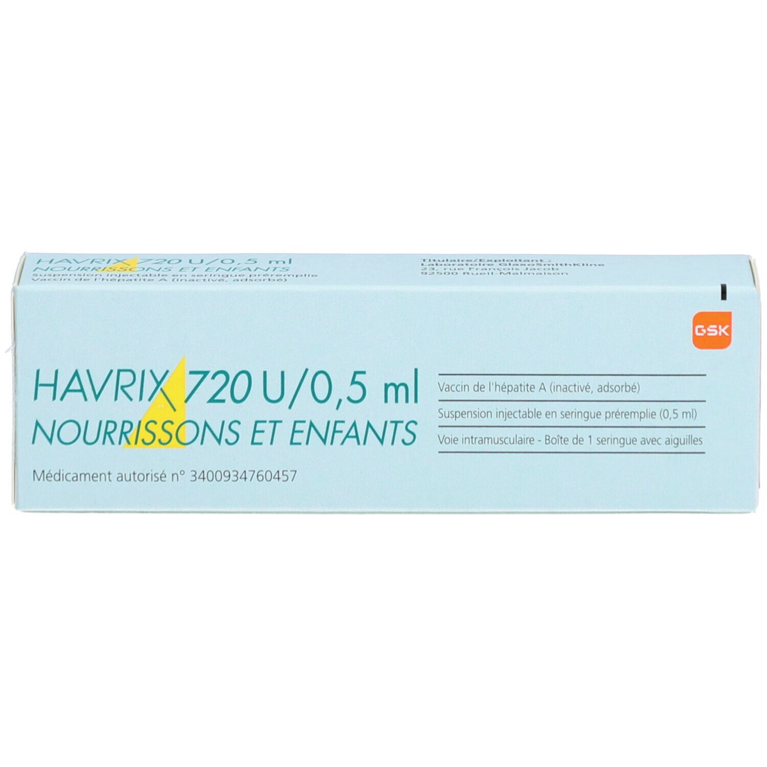 HAVRIX 720 U/0,5 ml Packung für Säuglinge und Kinder. Hellblaue Schachtel mit Text und Logo.
