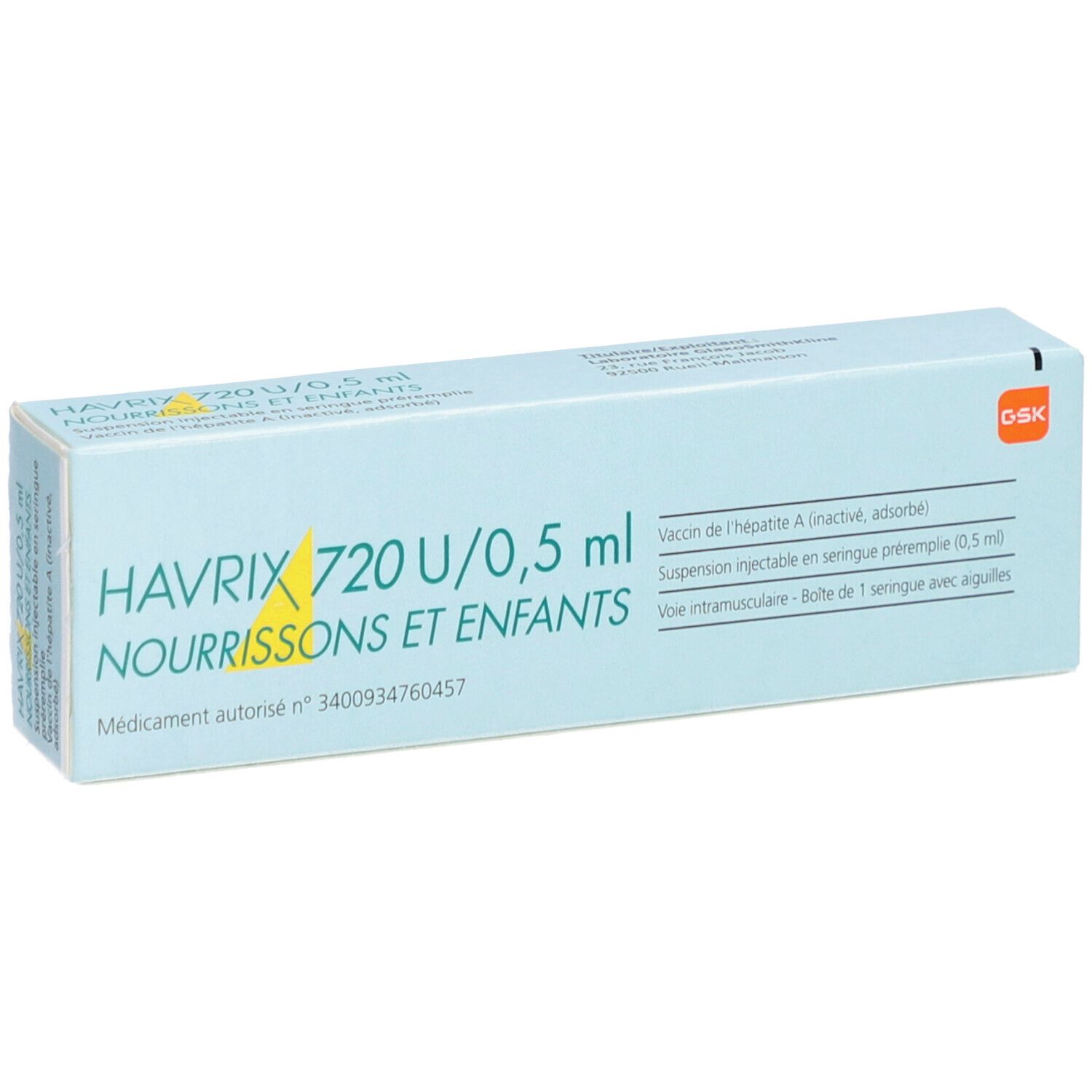 HAVRIX 720 U/0,5 ml Packung. Hellblaue Schachtel mit Text und Logo, Ansicht von vorne.