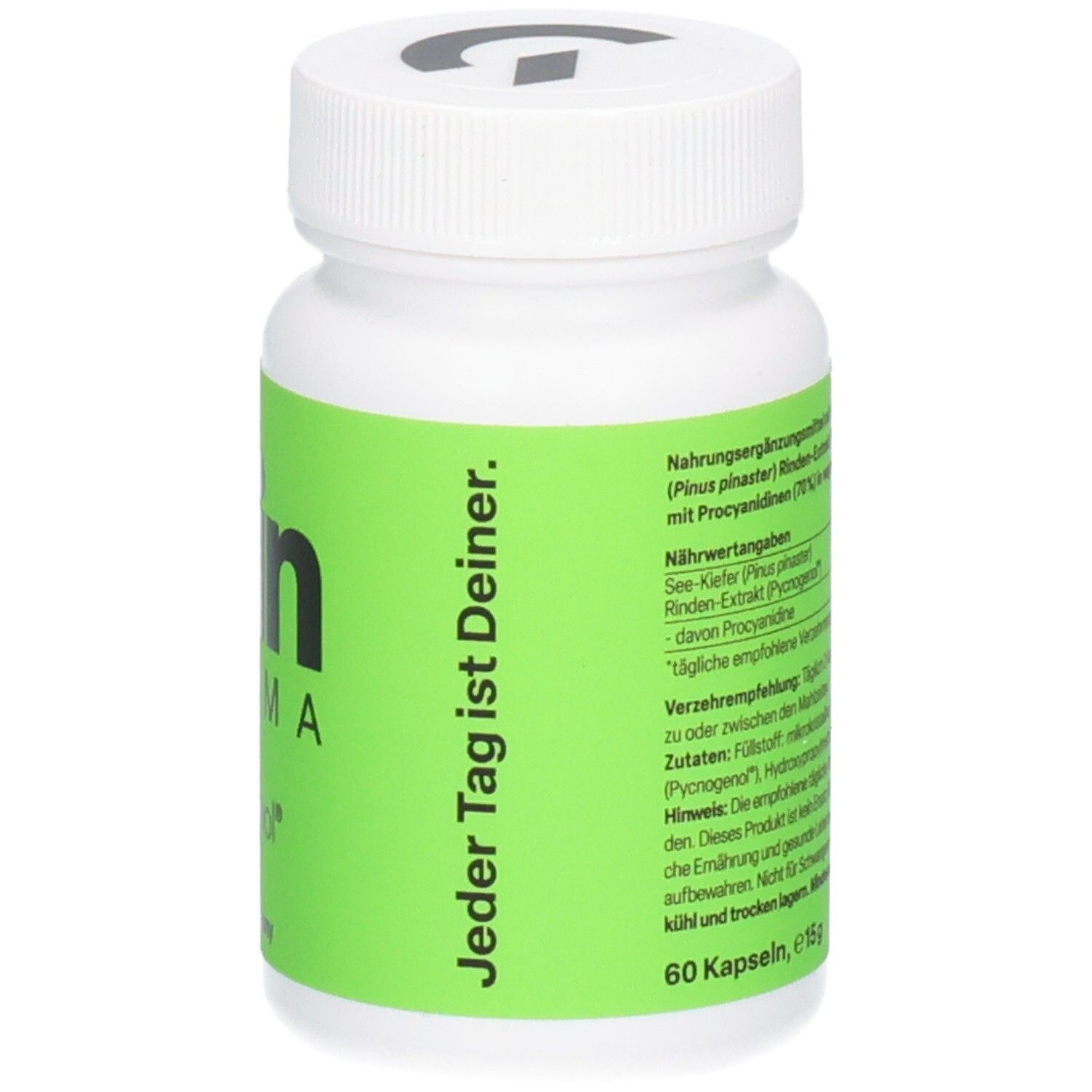 Rückseite einer weißen Dose mit grünem Etikett: Zein Pharma Pycnogenol Kapseln, Inhaltsstoffe, Verzehrempfehlung, 60 Kapseln, seitlicher Text.
