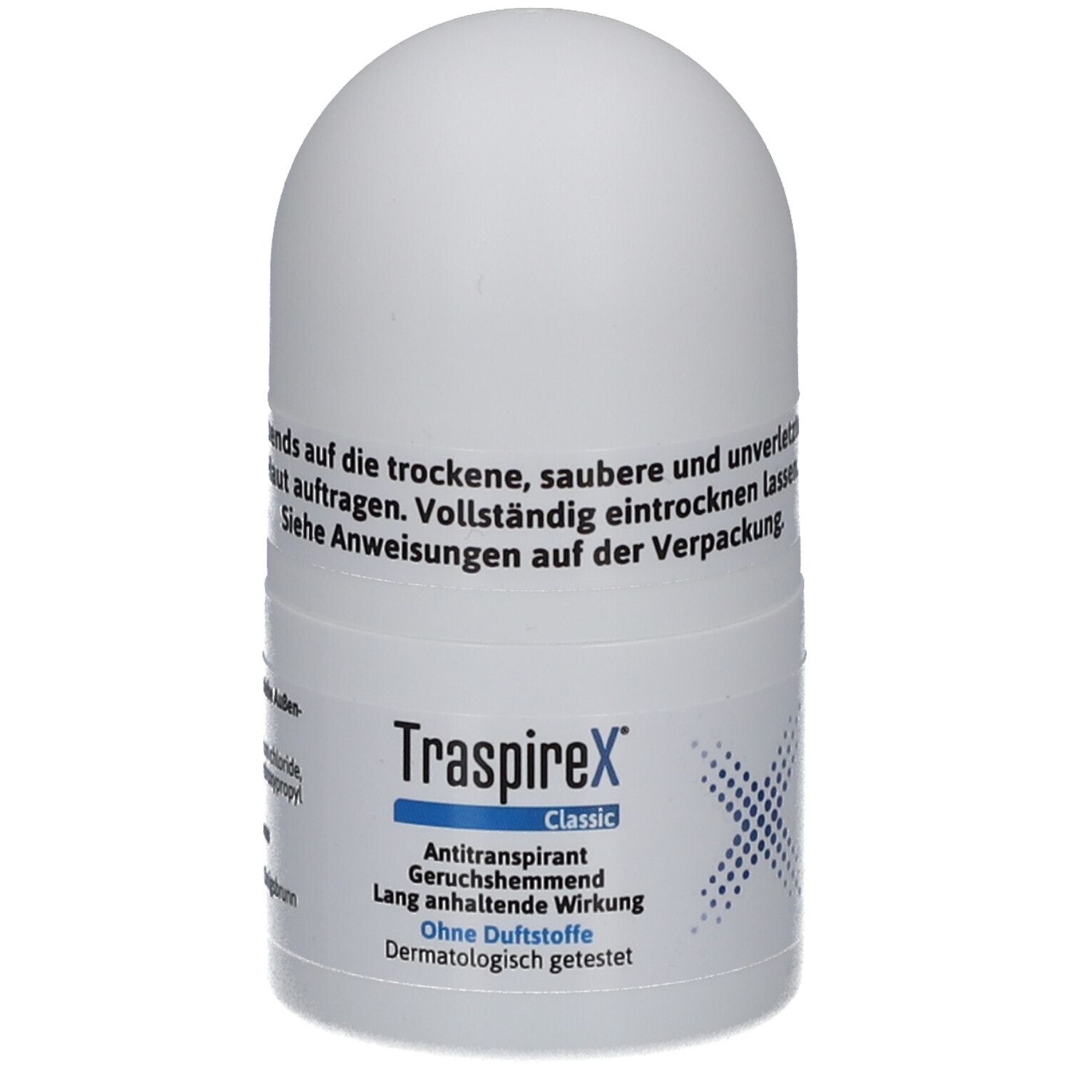 Weißer Roll-on-Deo-Roller. Aufschrift: TraspireX Classic Antitranspirant. Ohne Duftstoffe. Dermatologisch getestet.