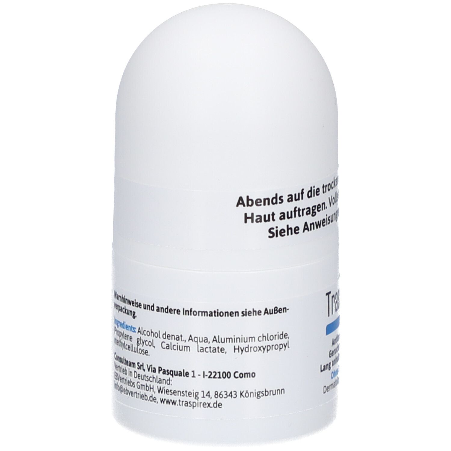 Weißer Roll-on-Deo-Roller. Aufschrift: TraspireX Classic. Inhaltsstoffe: Alcohol denat, Aqua, Aluminium chloride, Propylene glycol, Calcium lactate.